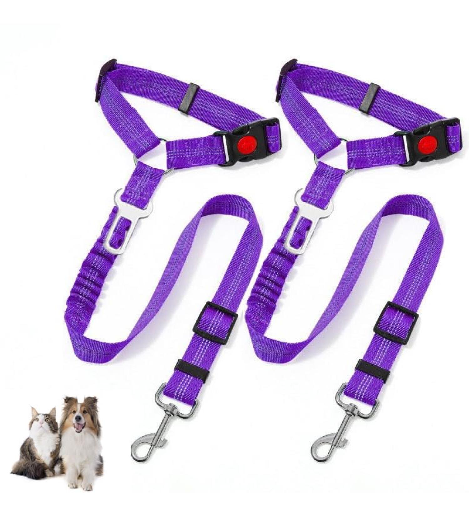 Dog Seat Belts for Car 2 Pcs Dog Tether with Elastic Bungee Buffer Adjustable Dog Car Seatbelts and Strong Leash Leads Accessories for Dogs Cats Pets Purple - Buy Online on GoSupps.com