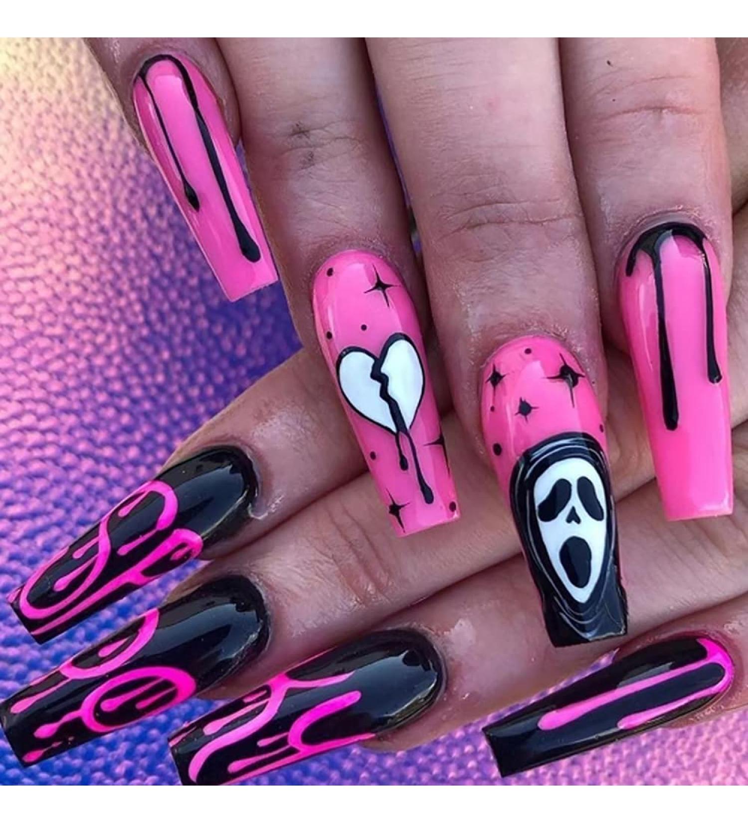 Halloween Ghost Face Press on Nails - 24 Pcs Coffin False Nails for Women and Girls with Nail Glue - DIY Acrylic Halloween Decoration - Buy Online on GoSupps.com