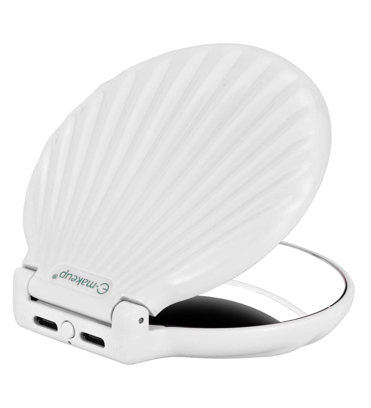 Shell Pocket Mirror with Lighted Selfie Ring 1x/2x Magnification, Dimmable LED Lights - Rechargeable Compact Handheld Mirror for Handbag - Perfect Gift for Sisters and Kids - White - Buy Online on GoSupps.com