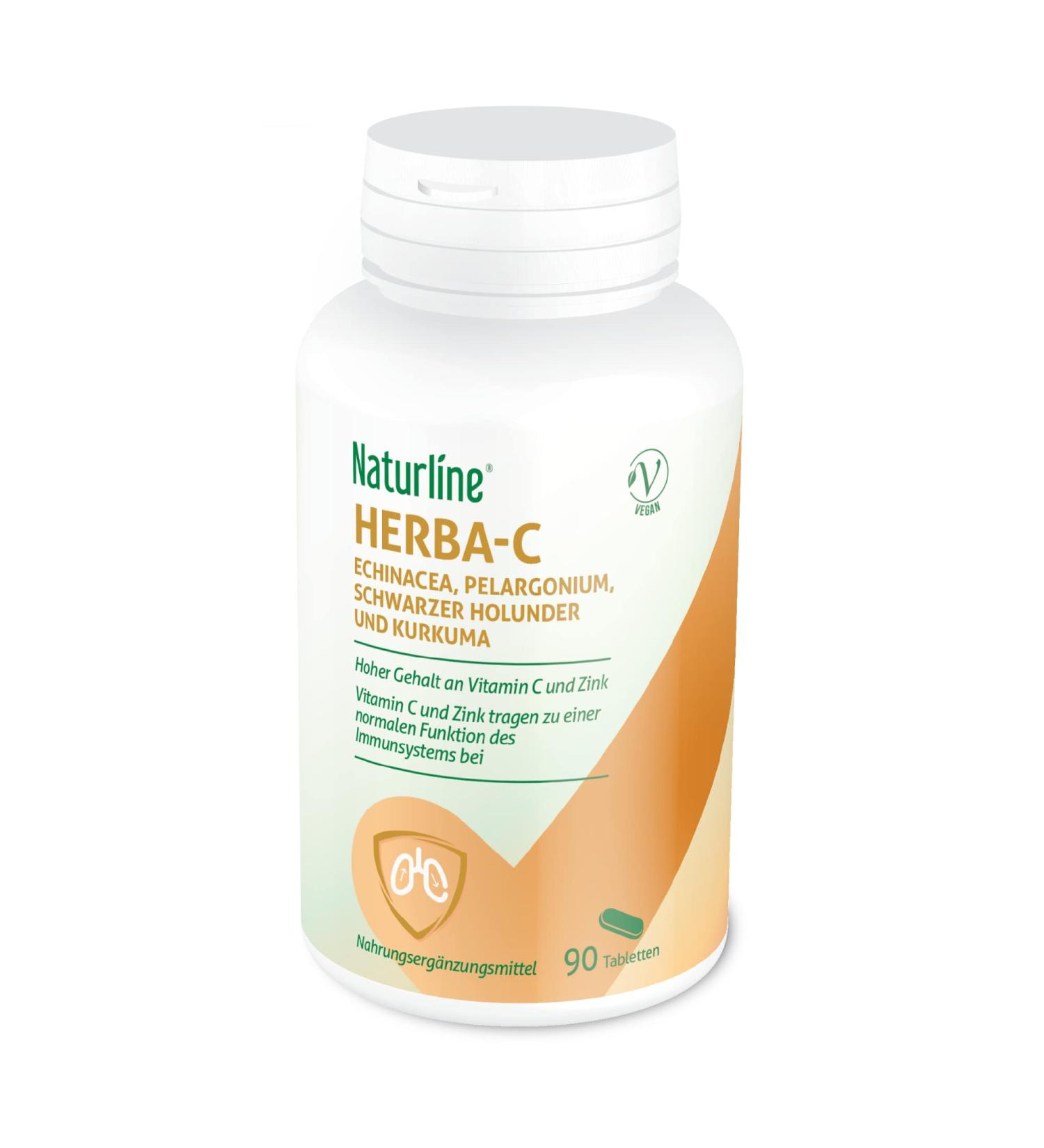 Naturline Herba-C | High Dose Vitamin C & Zinc with Echinacea Pelargonium Elderberry & Curcuma | 90 Tablets for Immune & Respiratory Support | International Shipping - Buy Online on GoSupps.com