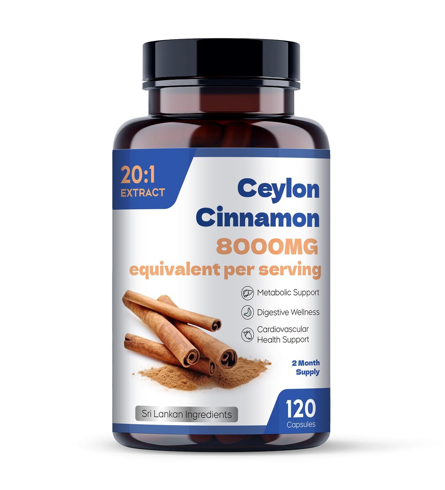 Ceylon Cinnamon Capsules | Sri Lanka Cinnamon Bark Powder | Gluten Free Natural Supplement | 120 Capsules - Buy Online on GoSupps.com
