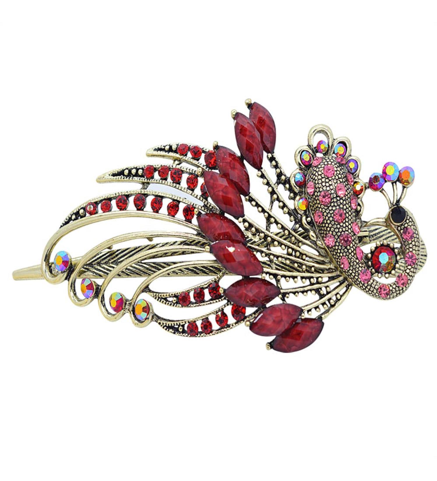 ARFINNE Large Alligator Hair Clip for Women - Red Peacock Vintage Metal Hairpin with Rhinestone Barrette | Hair Accessories - Buy Online on GoSupps.com