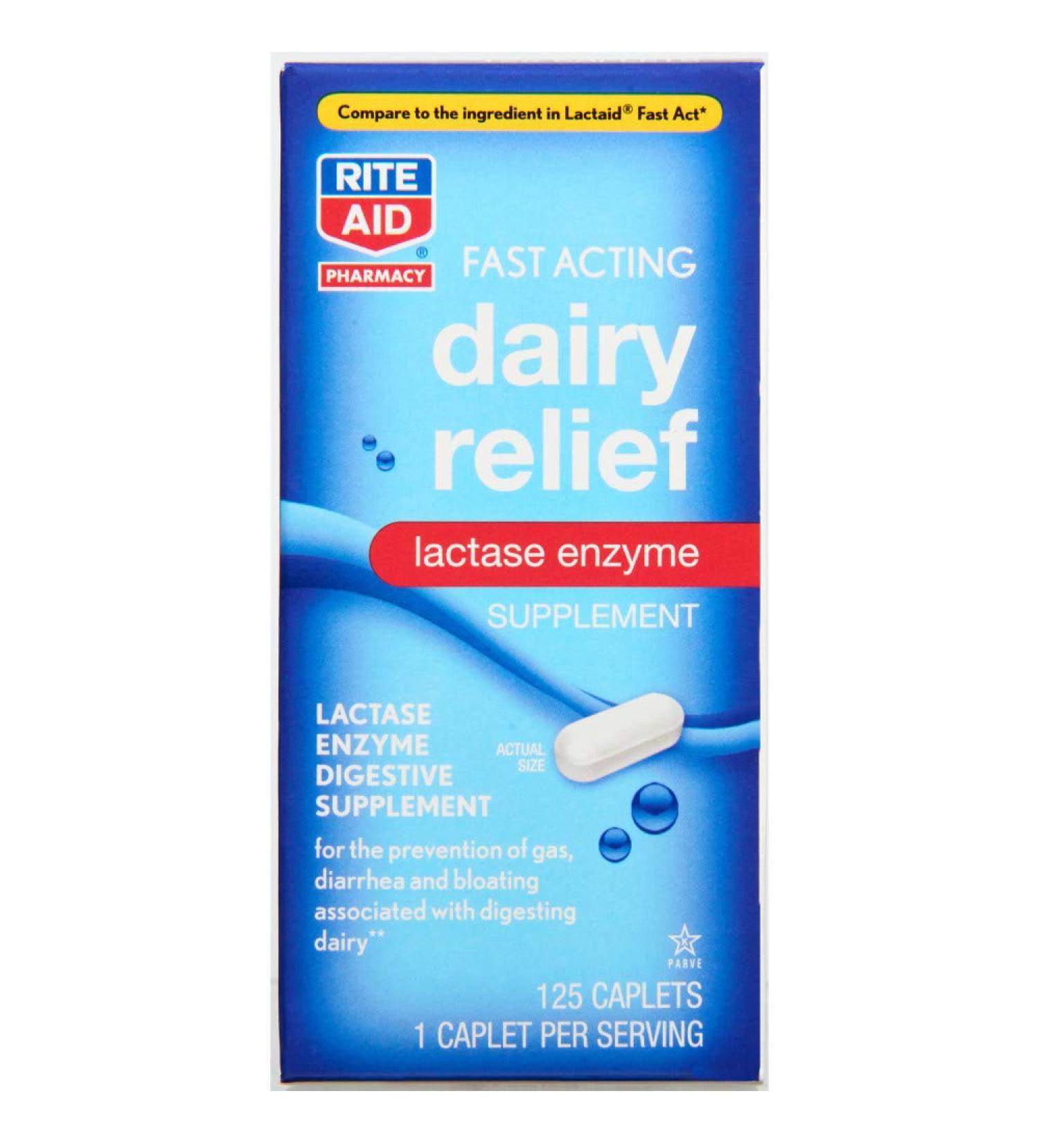 Rite Aid Fast Acting Dairy Relief Lactase Enzyme - 125 Caplets | Lactose Intolerance Supplement - Buy Online on GoSupps.com