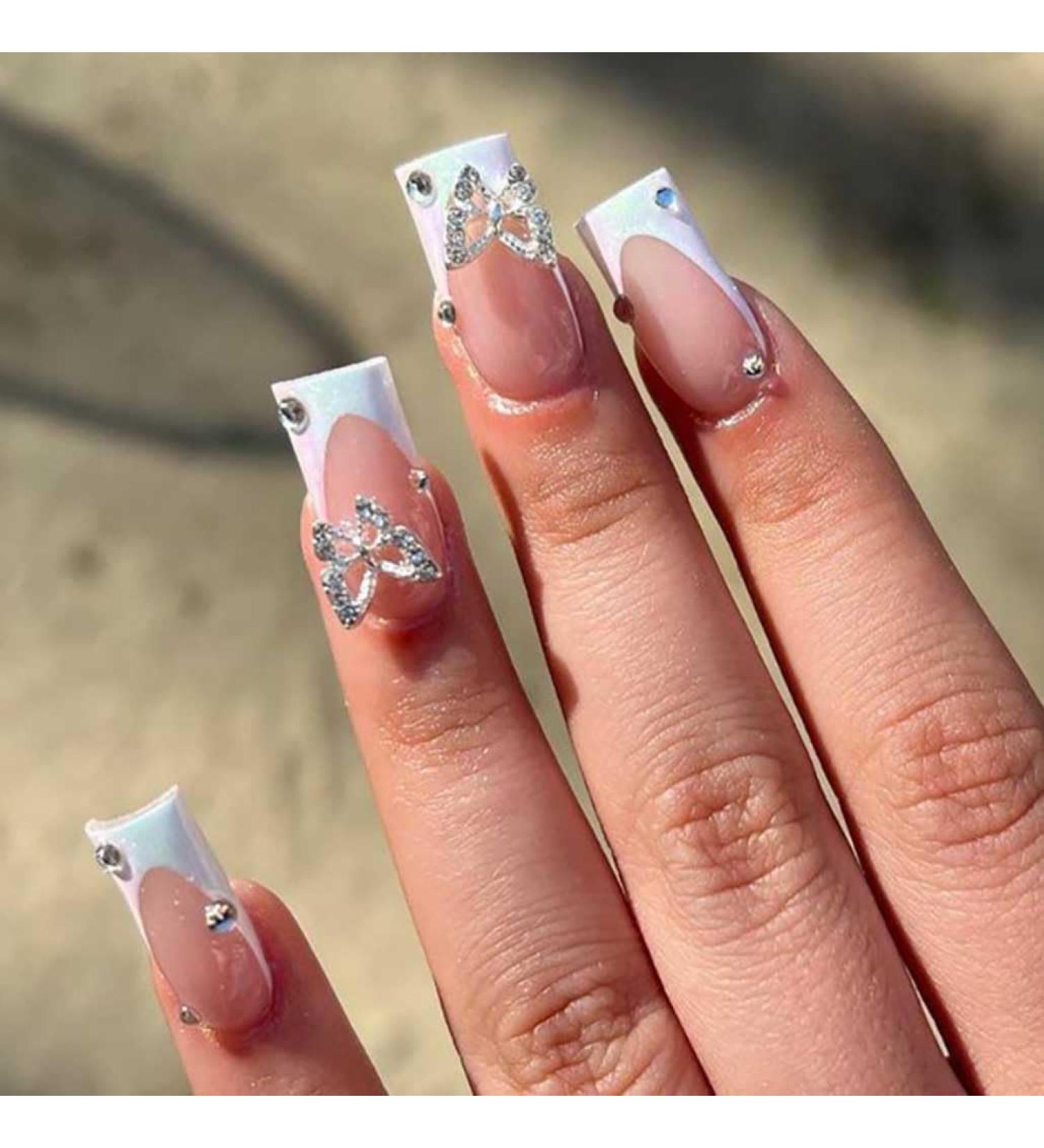 Foccna White Press On Nails - Medium Long Rhinestone Bling Glossy Square 3D Butterfly Fake Nail Tips - 24pcs for Women & Girls - Buy Online on GoSupps.com