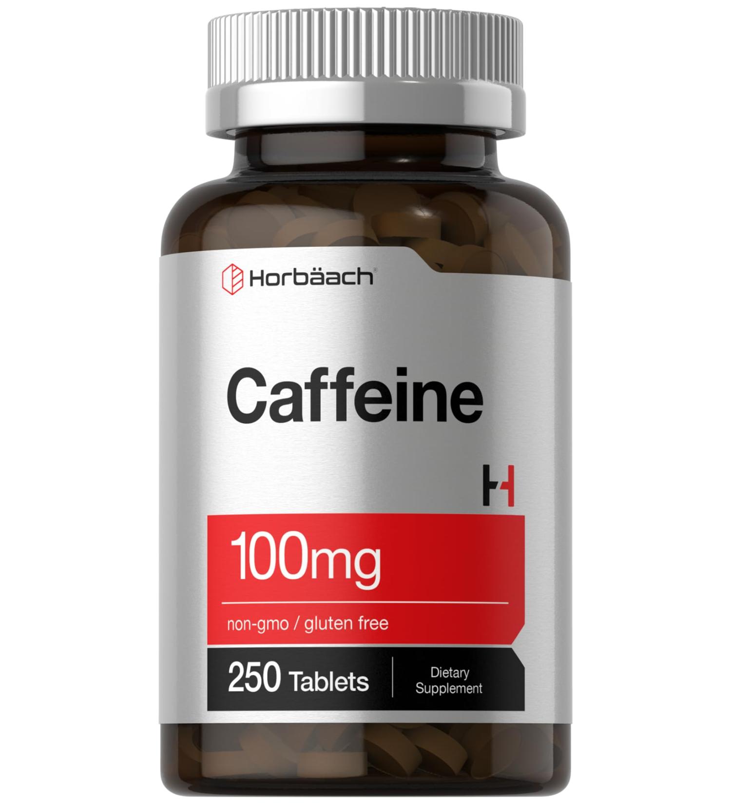 Horbäach Caffeine Pills 100mg - 250 Vegetarian Tablets | Non-GMO Gluten Free Supplement for Energy Boost - Buy Online on GoSupps.com