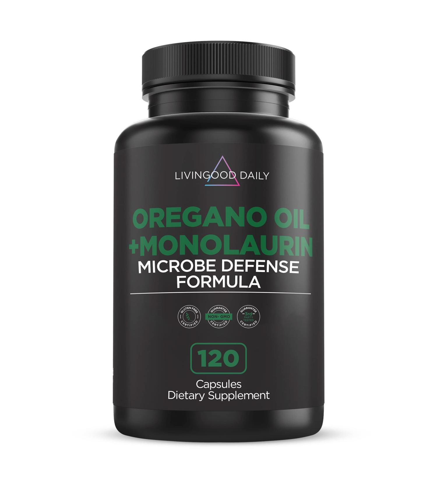 Livingood Daily Oregano Oil + Monolaurin Supplement - 1000mg Capsules for Gut Health & Immune Support - Natural Antibiotics & Antioxidant - 120 Capsules - Buy Online on GoSupps.com
