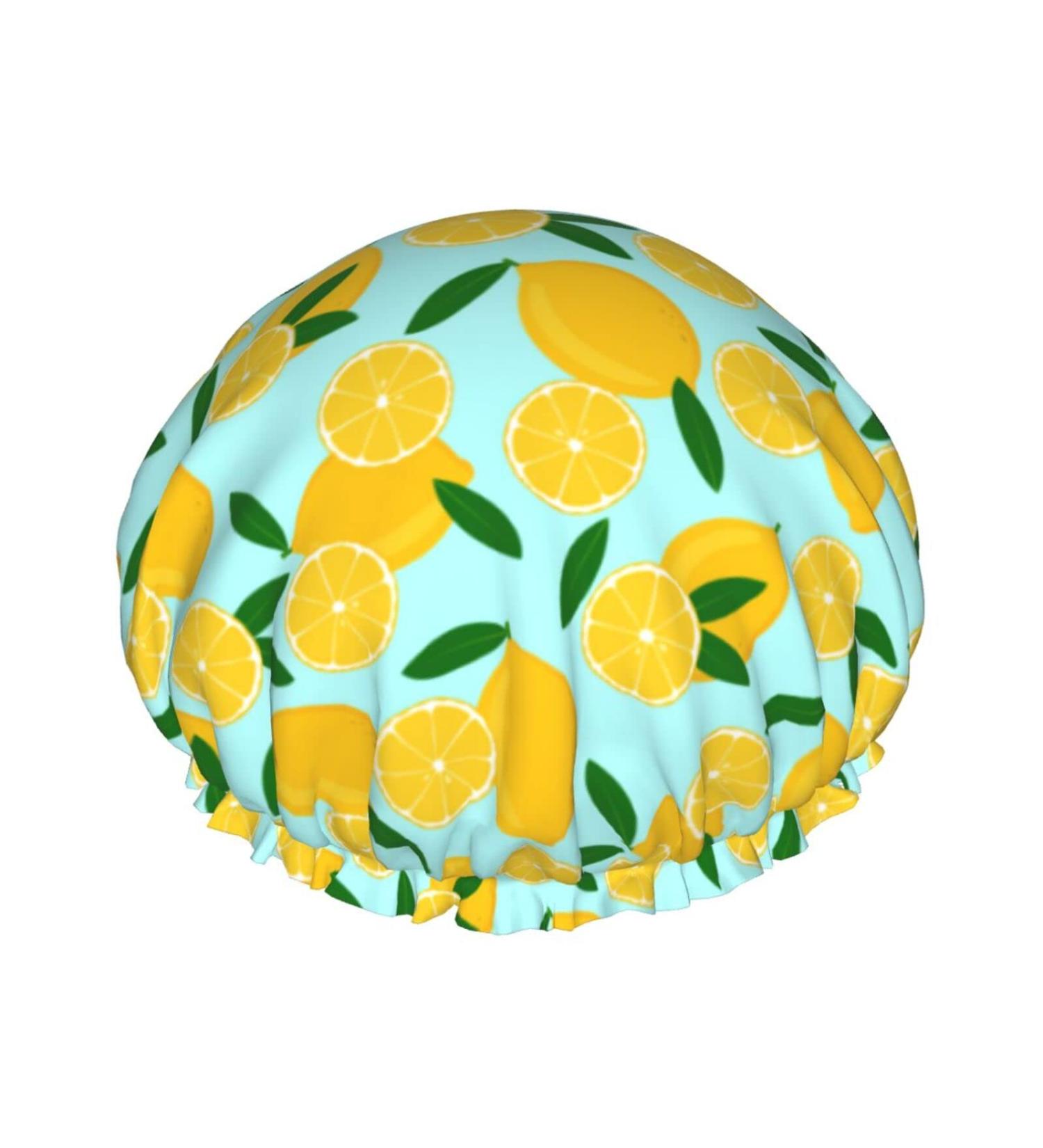 Sky Blue Lemon Shower Caps for Women - Reusable Waterproof Hair Cap with Double Protection Layers - Buy Online on GoSupps.com