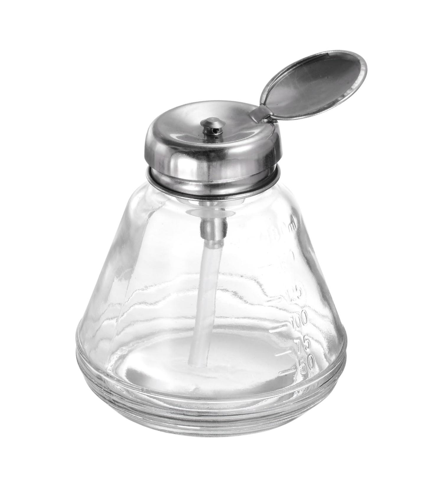 sourcing map 6Oz / 180ML Glass Pump Dispenser Bottle Liquid Pumping Press Push Down Alcohol Container with Metal Flip Cover for Makeup Remover - Buy Online on GoSupps.com