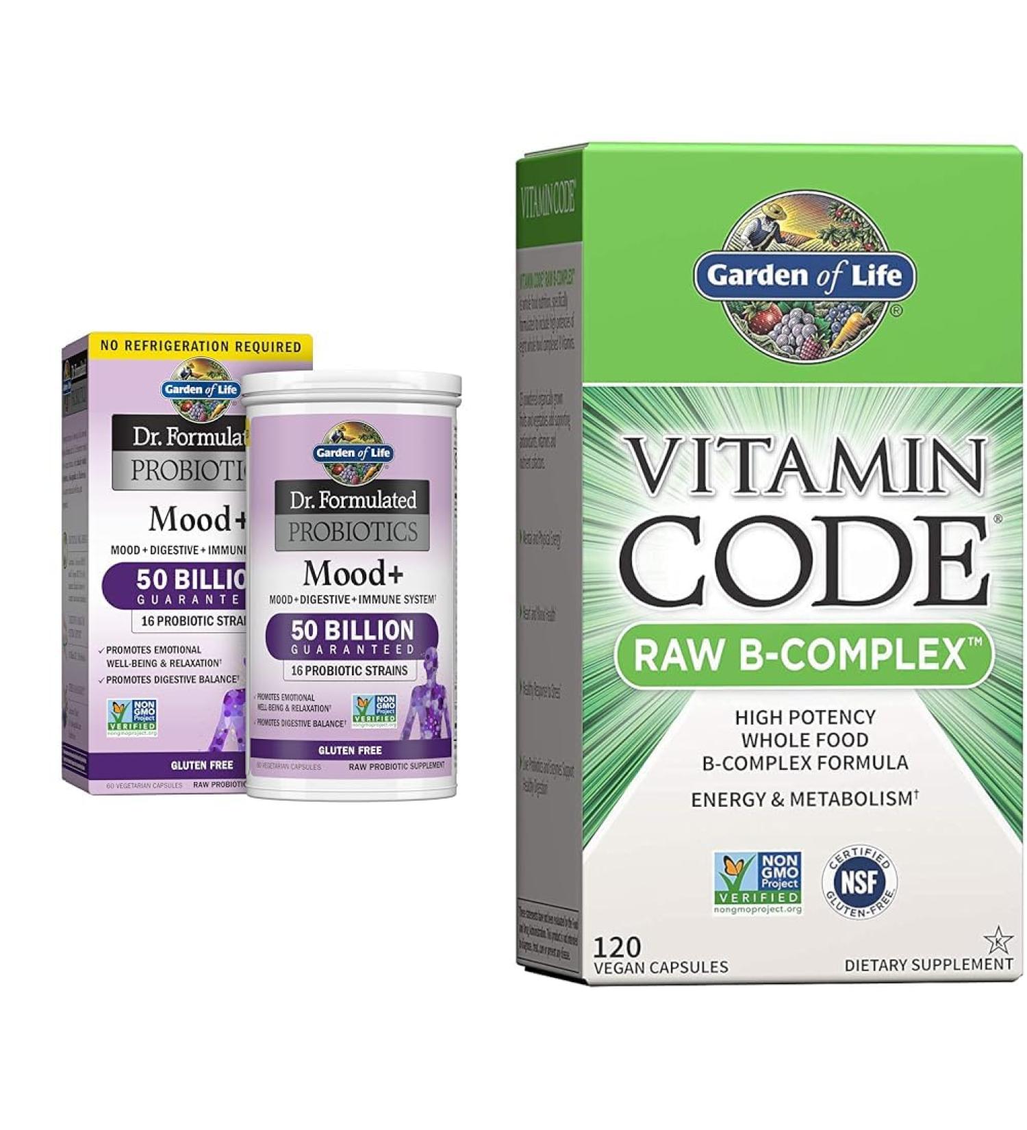 Garden of Life Dr. Formulated Probiotics Mood+ Acidophilus Probiotic Supplement & Vitamin B Complex - Vitamin Code Raw B Complex - 120 Vegan Capsules - Buy Online on GoSupps.com