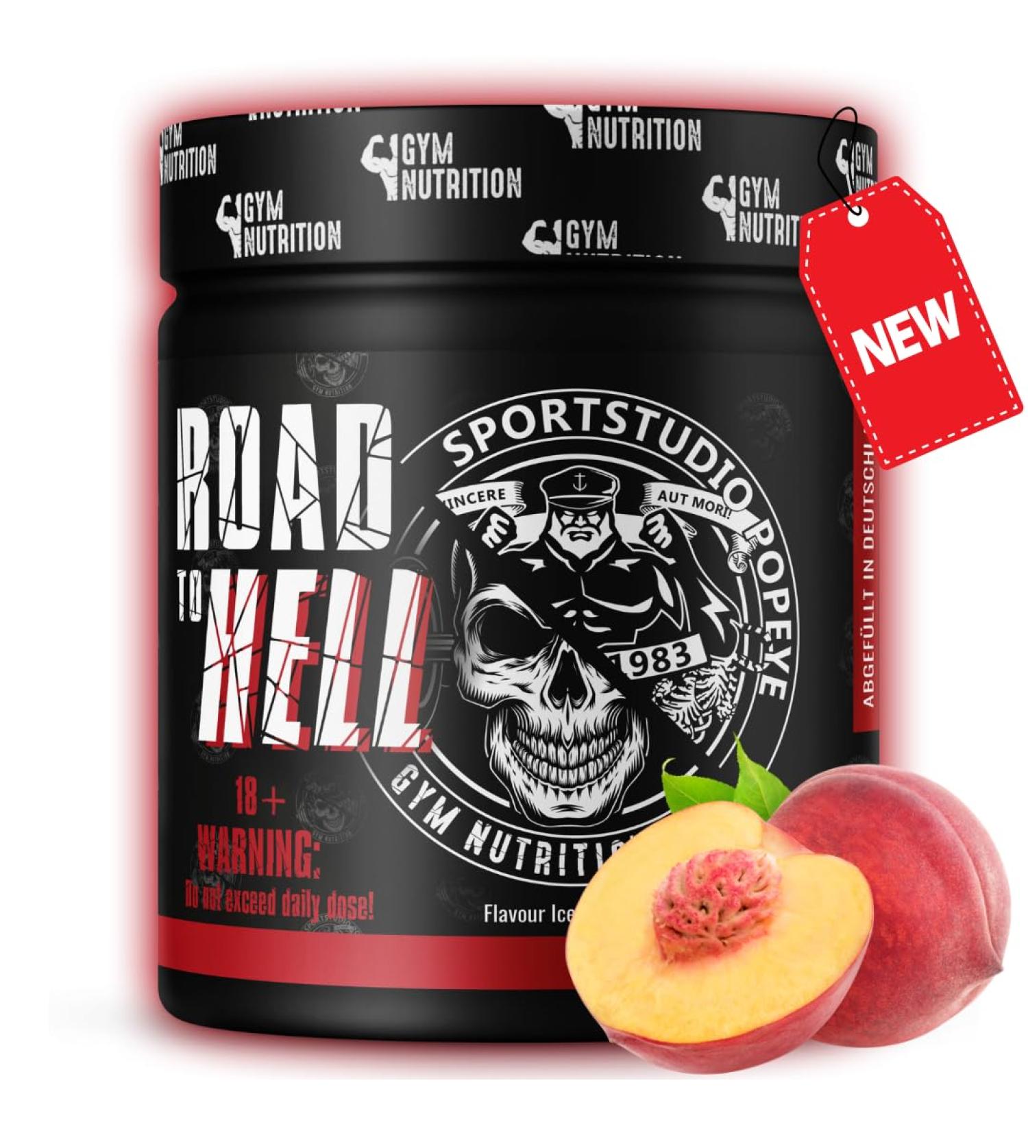 Road to Hell 2.0 Ultra Hardcore Pre Workout Booster - Vegan Powder with ATP L-Arginine Citrulline & Caffeine - 400g | Sportstudio Popeye Ice Tea Peach Flavor - Buy Online on GoSupps.com