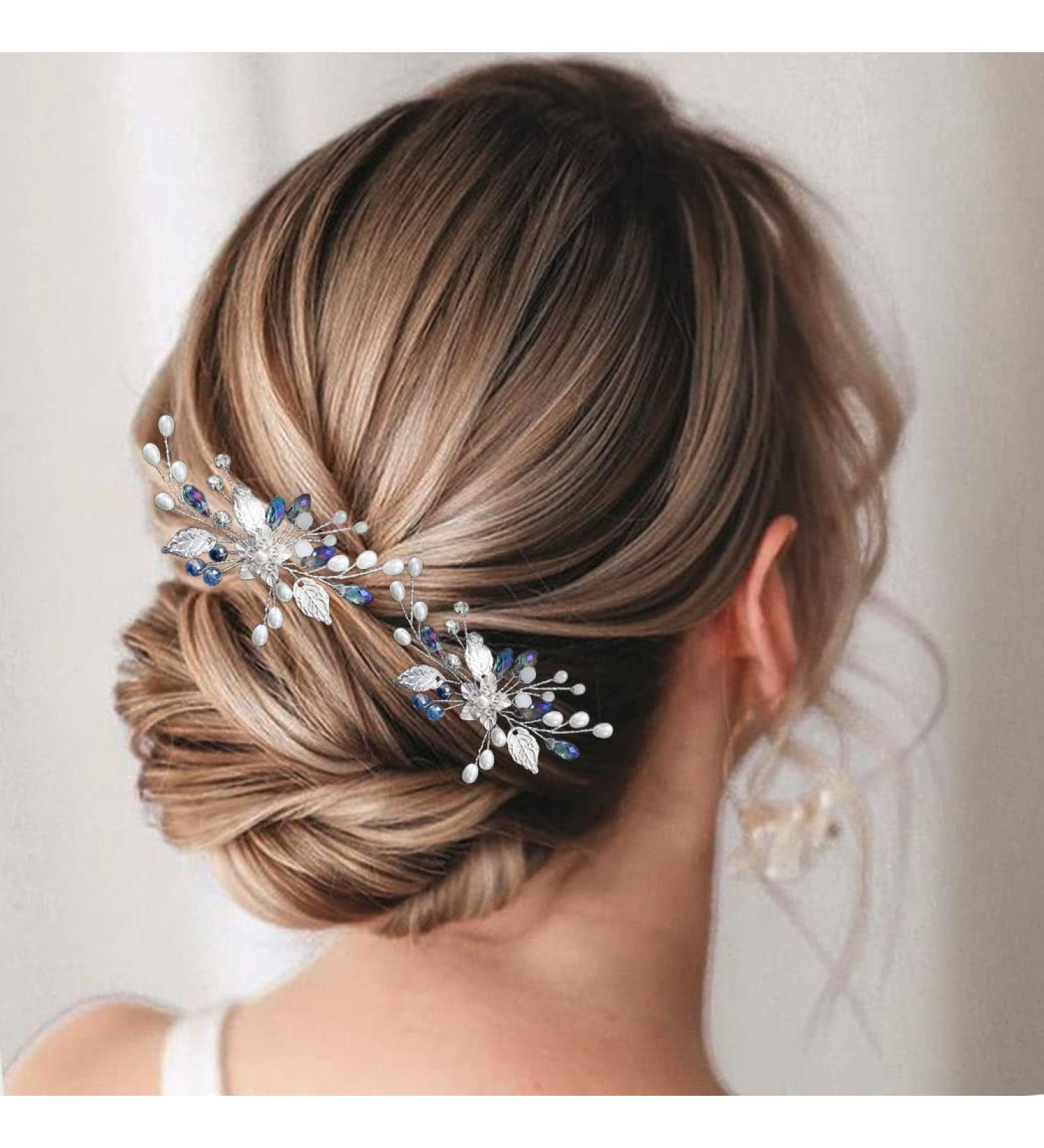 Blue Rhinestone Flower Bride Wedding Hair Pins - Bridal Hair Accessories (Pack of 2) - Buy Online on GoSupps.com