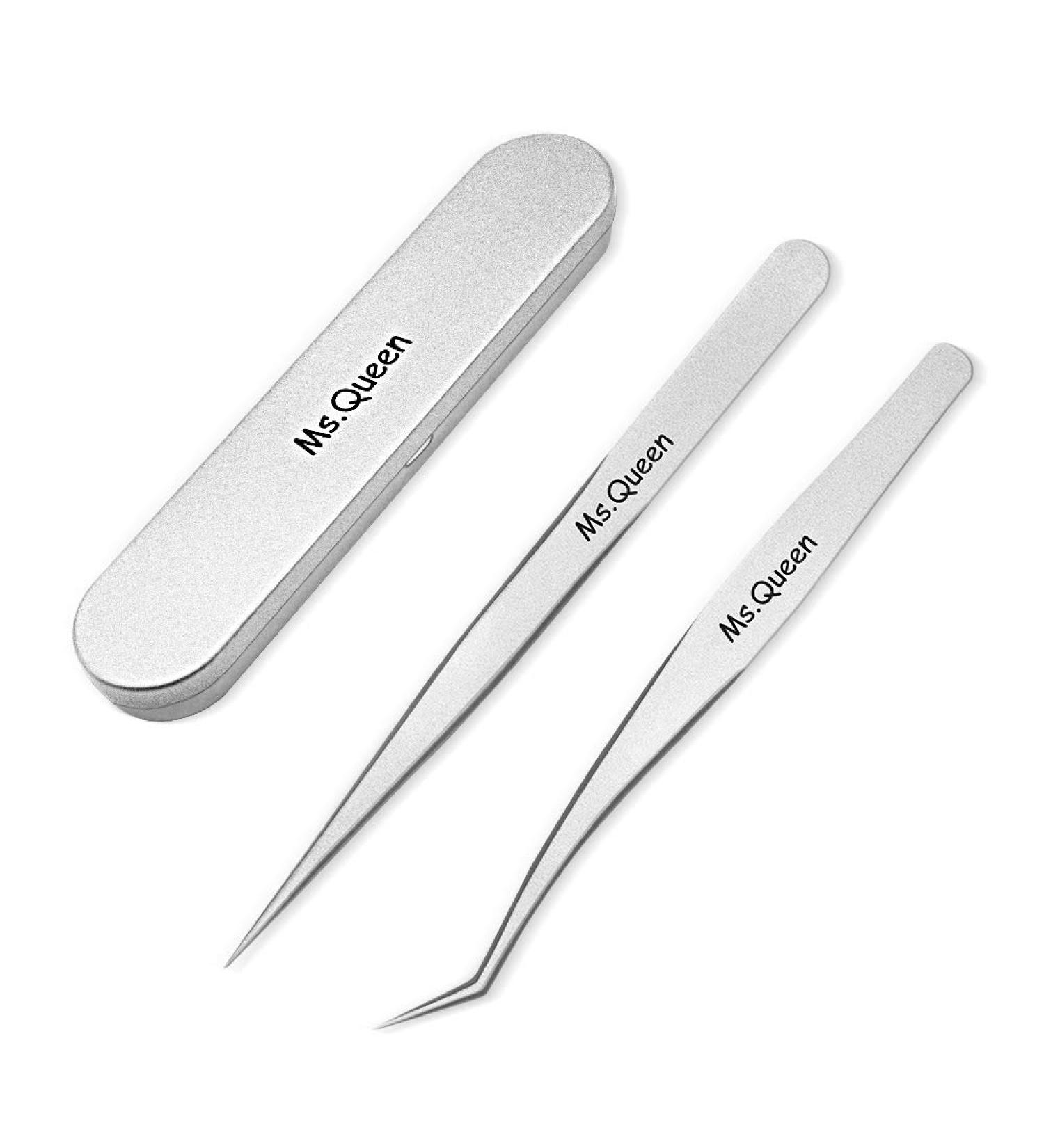 Ms.Queen Professional Eyelash Extension Tweezers Set - Straight and Curved Pointed Precision Crafted Tweezers for 3D-6D Volume False Eyelashes Extensions - 2 Pcs with Aluminum Storage Case - Buy Online on GoSupps.com