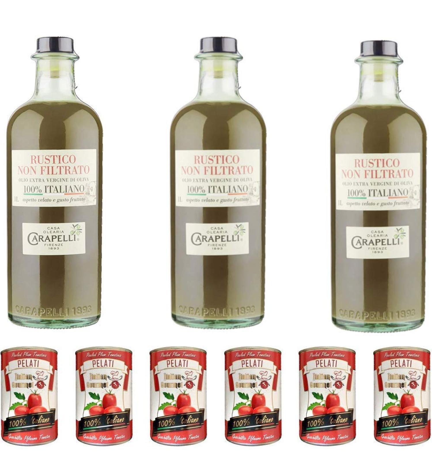 Carapelli Unfiltered Pack of 3 cans of Italian tomatoes 1 liter extra virgin olive oil + 1 bottle of 100% Italian tomatoes 6 x 400g - Buy Online on GoSupps.com