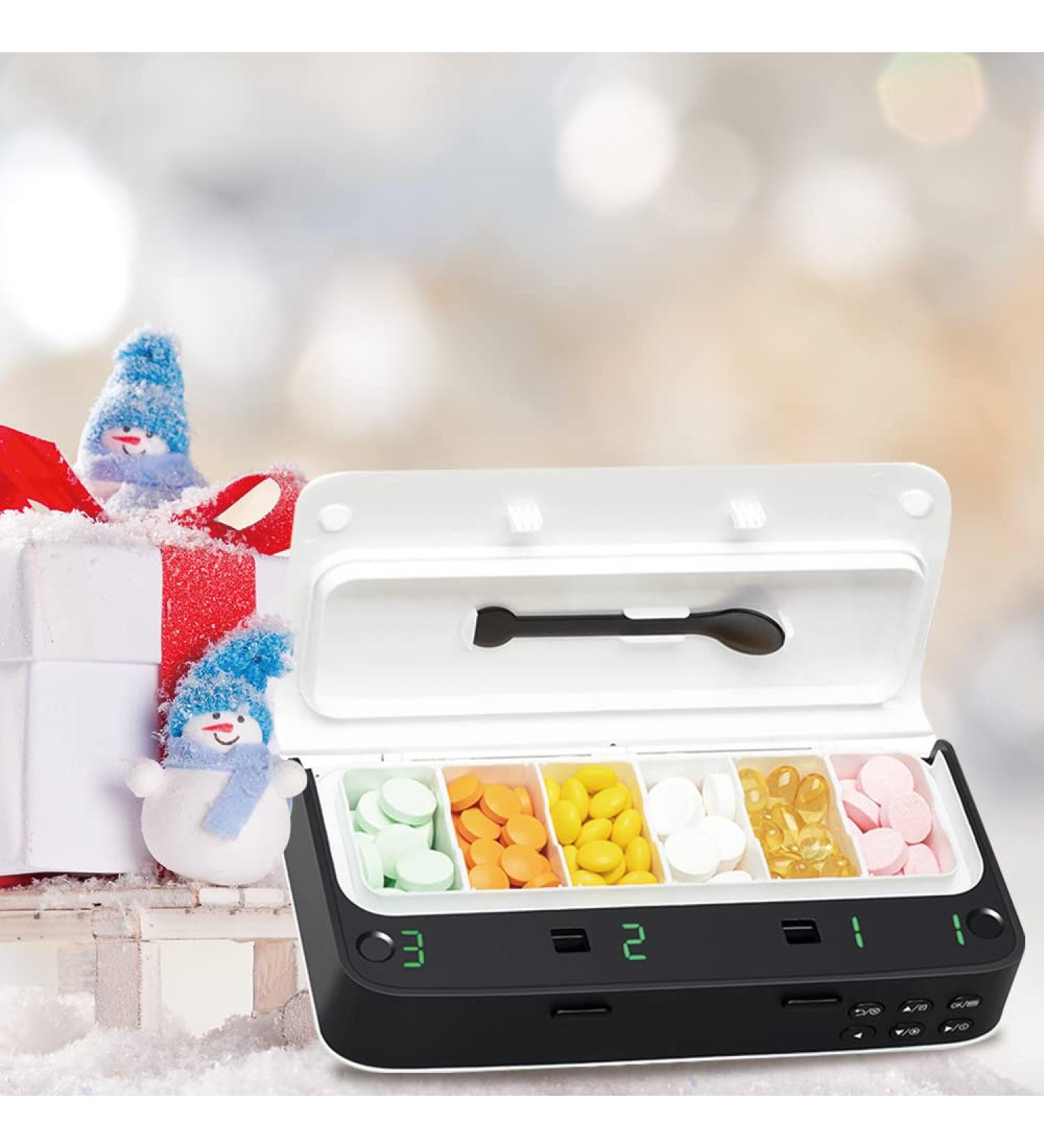 Pill Dispenser with Alarm - Smart Pill Box with Up to 7 Alarms a Day, 6 Compartments, Pill Reminder for Elderly - White - Buy Online on GoSupps.com