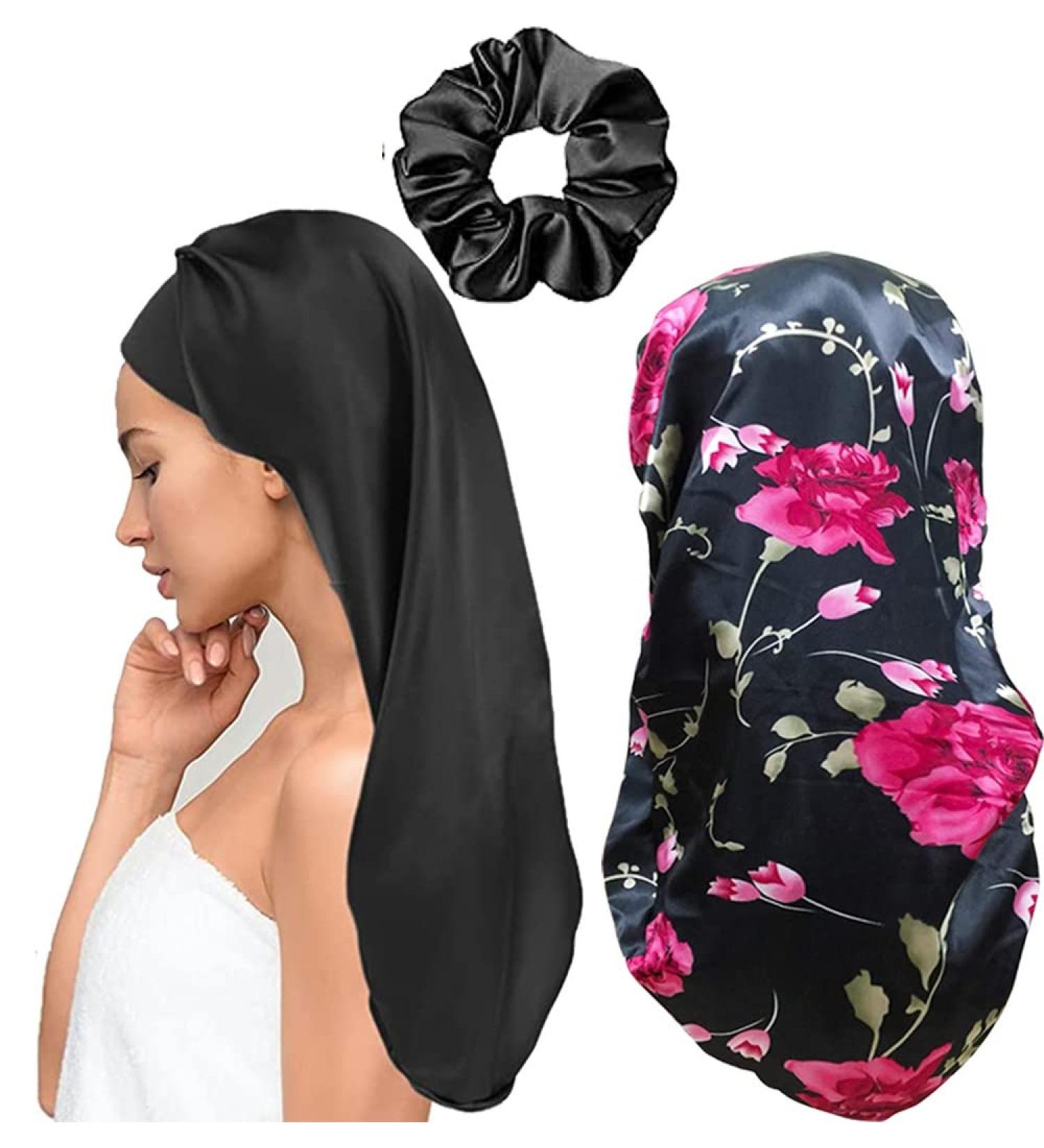 Shop Ladaypoa 2-Piece Long Satin Sleeping Hats for Women | Extra Large Soft Hair Hood | Comfortable Black & Red Design - Buy Online on GoSupps.com