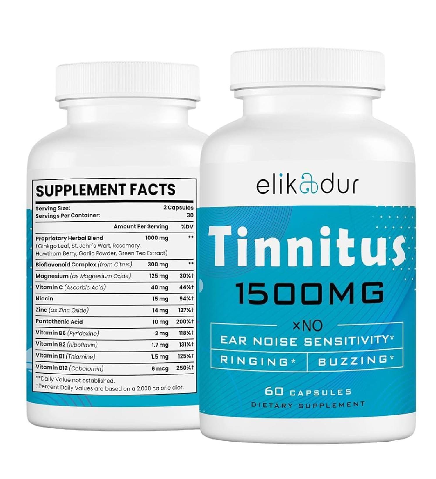 1500 MG Tinnitus Supplement for Ringing Ears - Natural Herbal Blend & Bioflavonoids for Men & Women Over 50 - 60 Capsules - Buy Online on GoSupps.com