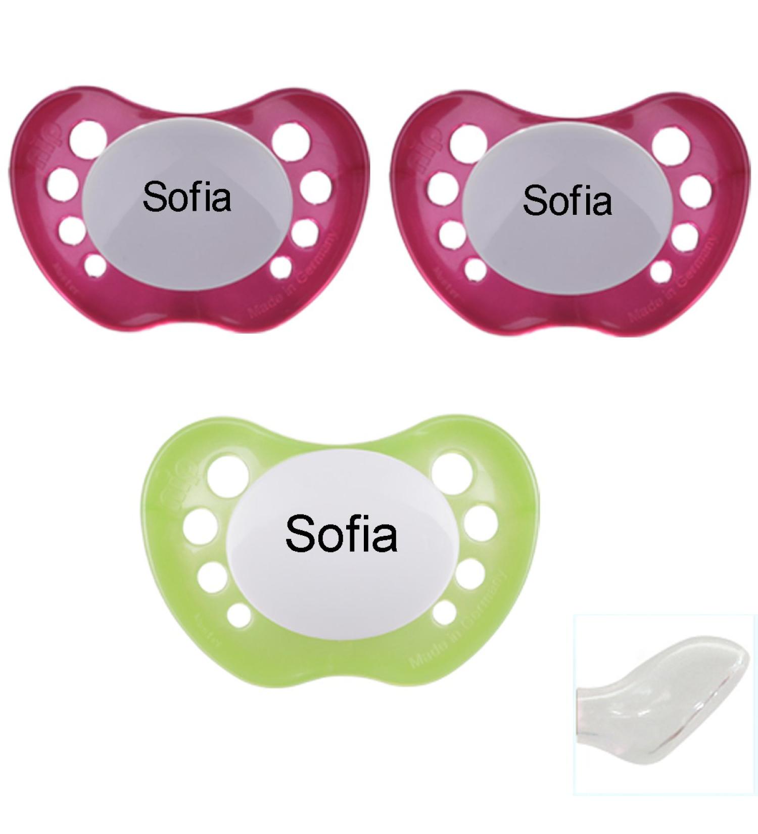 Babysutten nip pacifier-mit names 2 pearly magenta + 1 pearly green (3 Pack) silicone anatomical size.2. Gr.2 Pearly Magneta Pearly Green