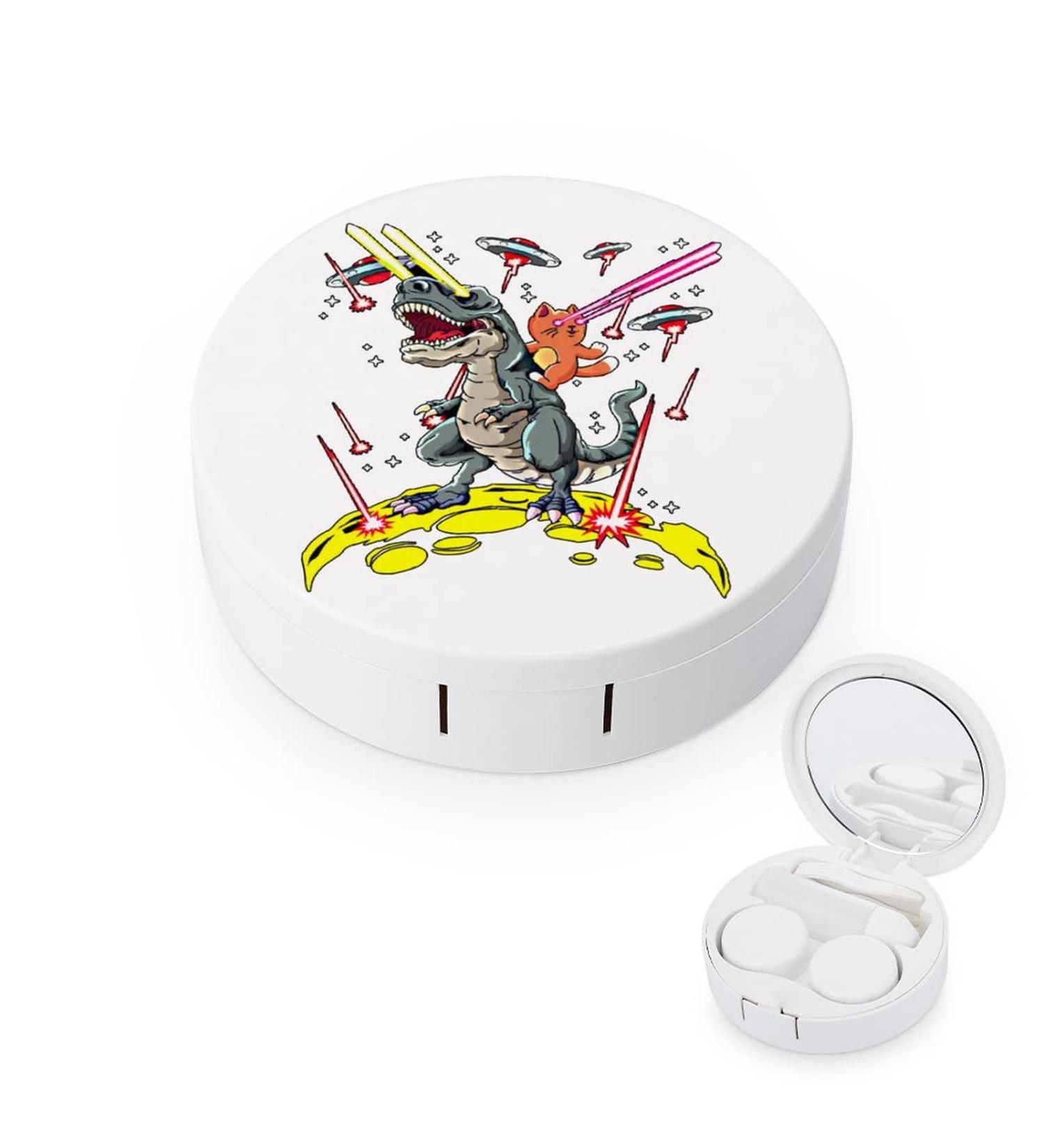 Space Laser Eyes Cat Riding T-Rex Round Case For Contact Lens Kit Storage Box with Mirror Printed - Buy Online on GoSupps.com