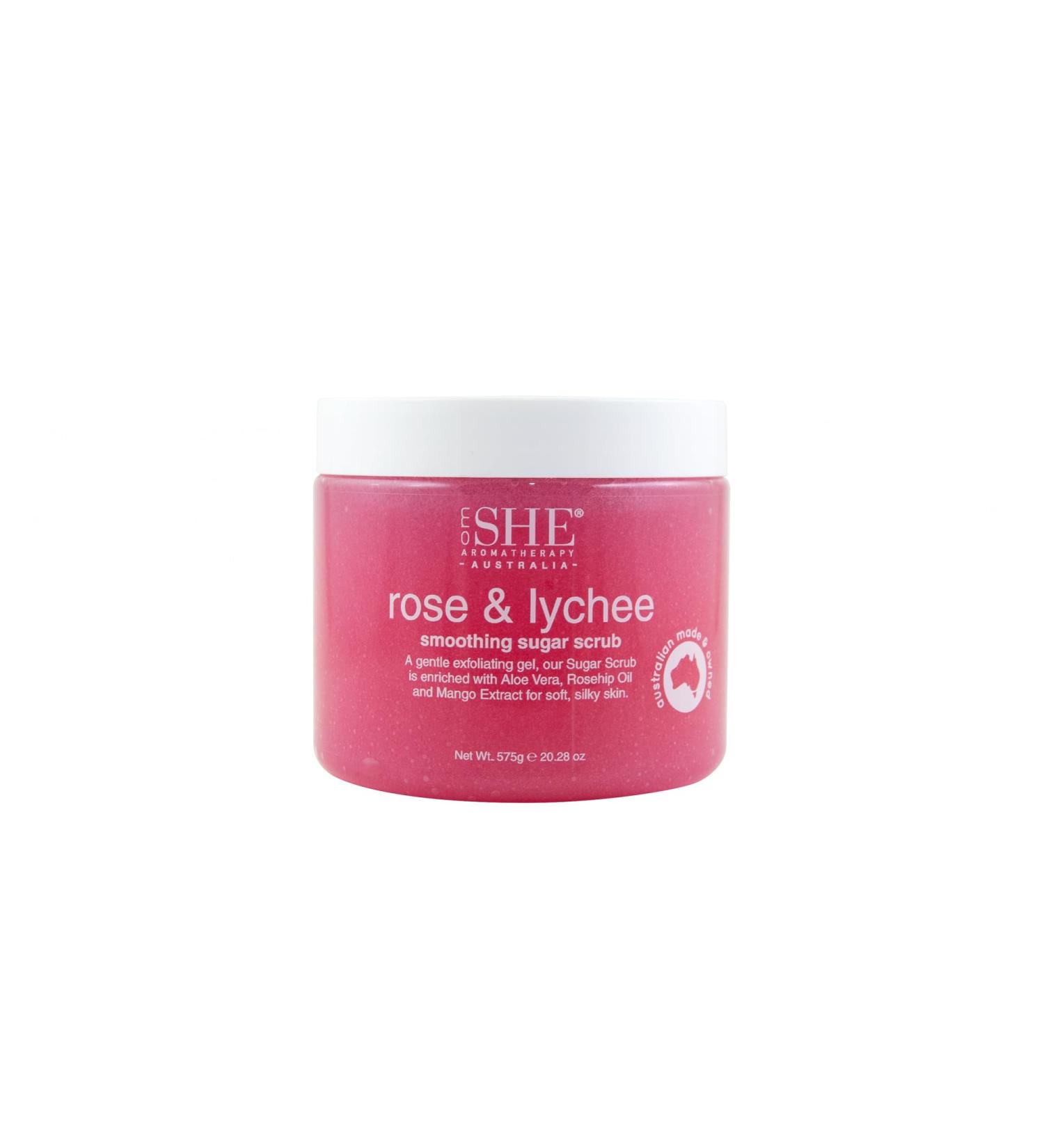 OM SHE Aromatherapy Rose & Lychee Sugar Scrub 20.28oz - Exfoliating Body Scrub Natural Sugar Micro Bead Free Rosehip Oil. Australian made.