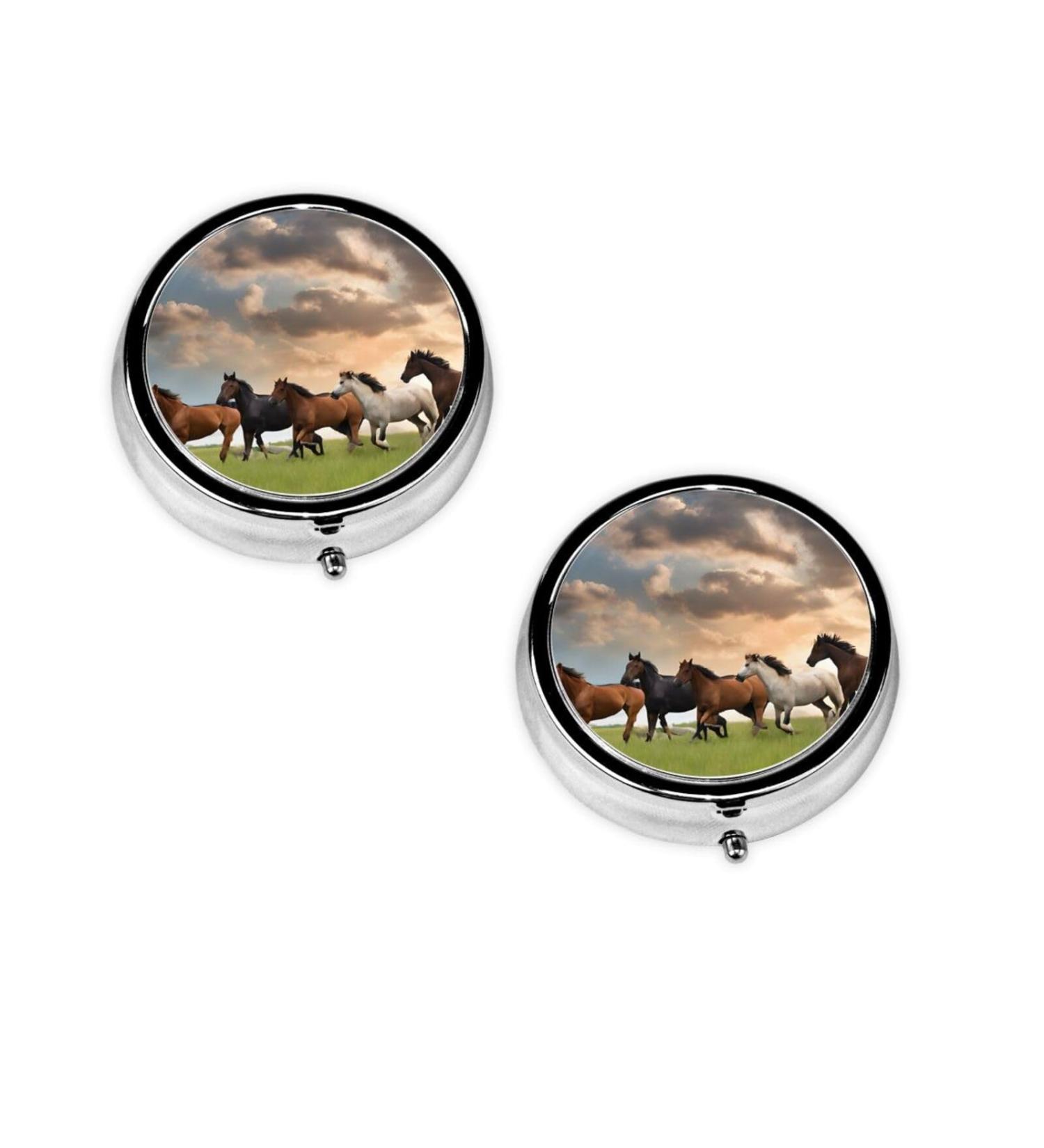 Mini Round Horse Print Pill Box - 3 Compartment Travel Organizer for Medicine - Portable Pill Case for Home & Office - Buy Online on GoSupps.com