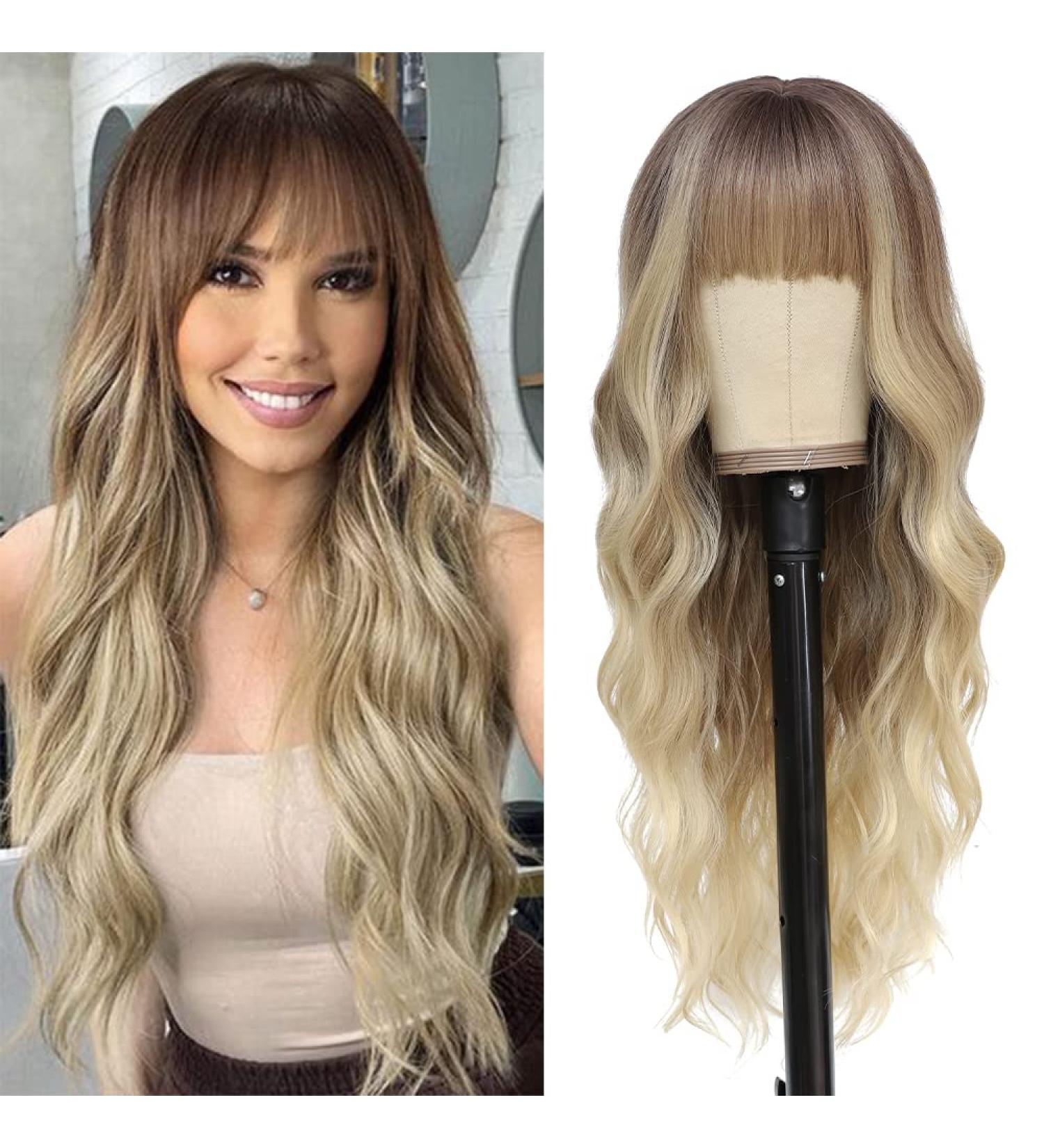 26'' Ombre Blonde Long Wavy Curly Wig with Bangs - Synthetic Protein Fiber Hair Replacement for Women - Ideal for Cosplay, Costume and Halloween - Buy Online on GoSupps.com