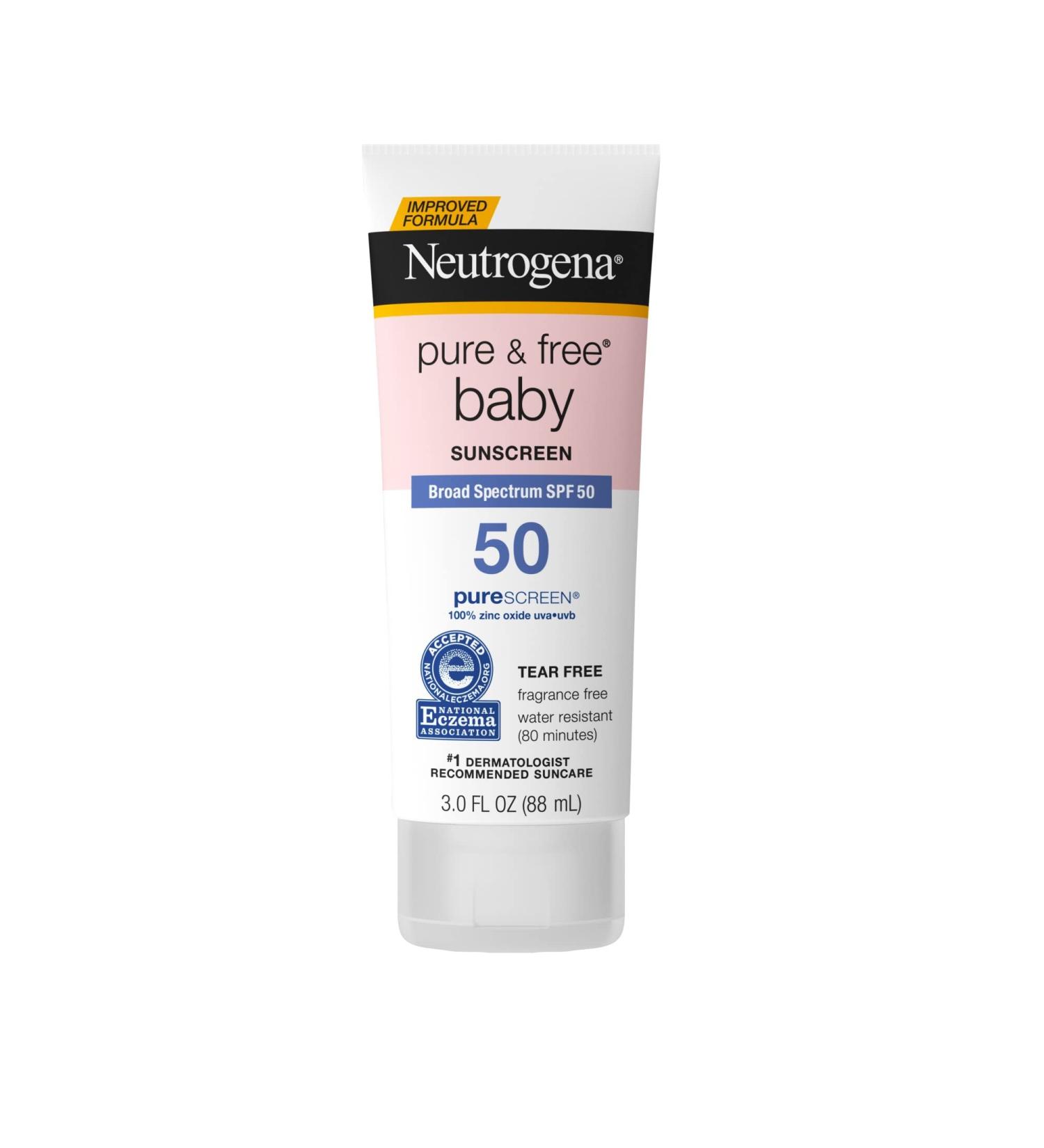 Neutrogena Pure & Free Baby Mineral Sunscreen Lotion with Broad Spectrum SPF 50 & Zinc Oxide, Water-Resistant, Hypoallergenic & Tear-Free Baby Sunscreen, 3 fl. oz