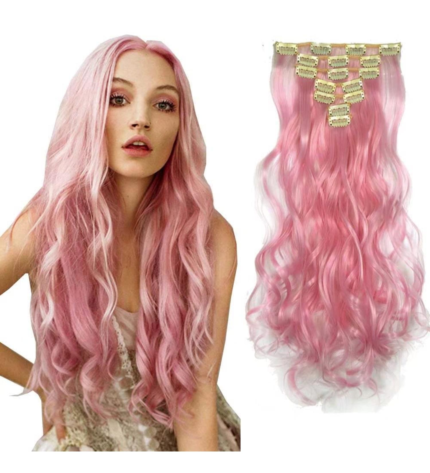 Iluu 16 Clip In Synthetic Hair Extensions - 100g Long Wavy Curly Light Pink #2317 for Cosplay & Party - Full Head Thick 7 Pieces - Buy Online on GoSupps.com