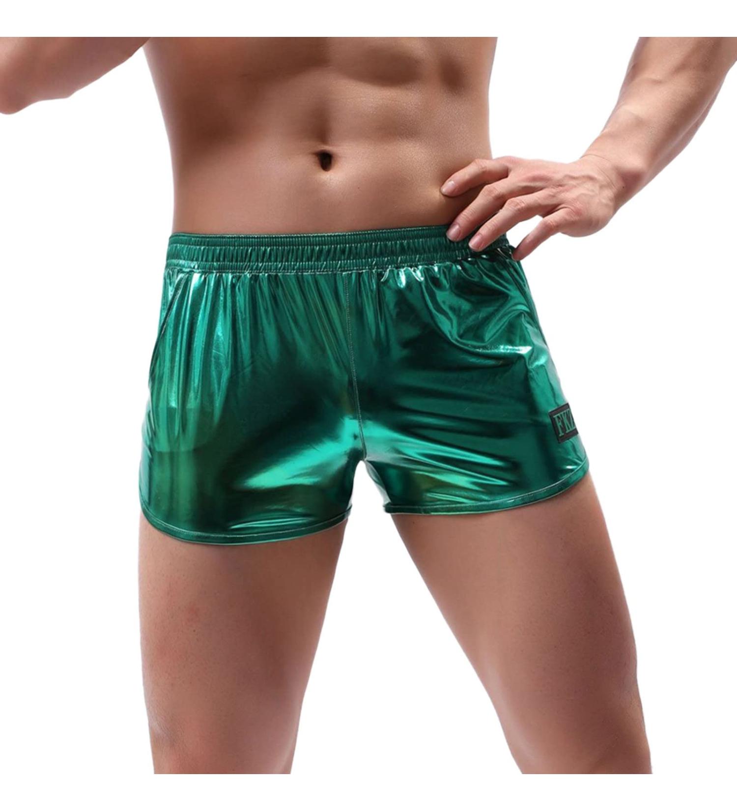 Duohropke Men's Shine Metallic Shorts - Stylish Leather Optics Boxer Trunks for Beach & Gym - Green Glitter Swim Shorts & Joggers - Buy Online on GoSupps.com