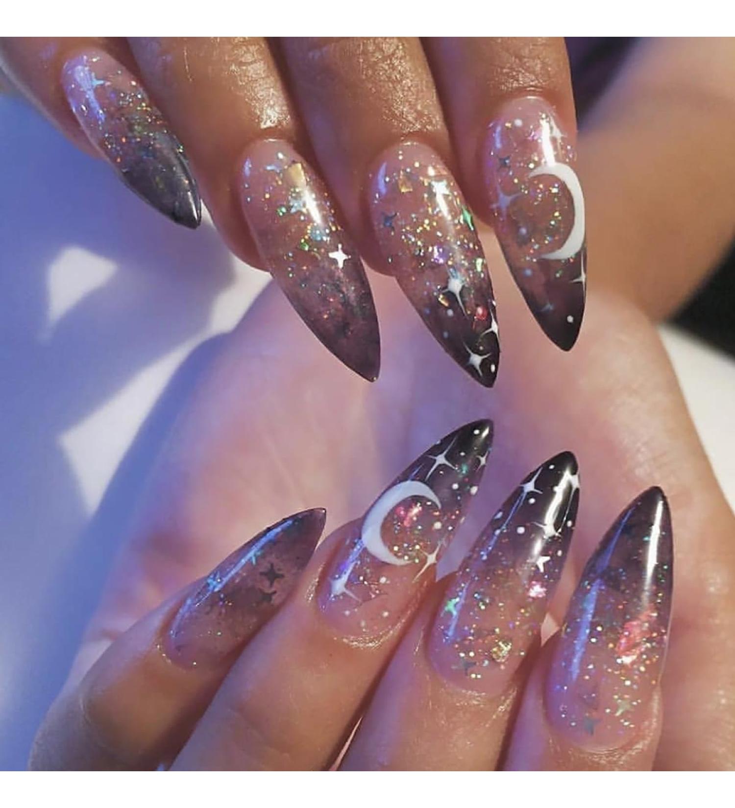 Buy 24 Pcs Halloween French Tip Press on Nails - SHANRUN Long Stiletto Almond Black Ombre Gel X Nail Art with Sequins & Jelly Glue | International Shipping Available - Buy Online on GoSupps.com