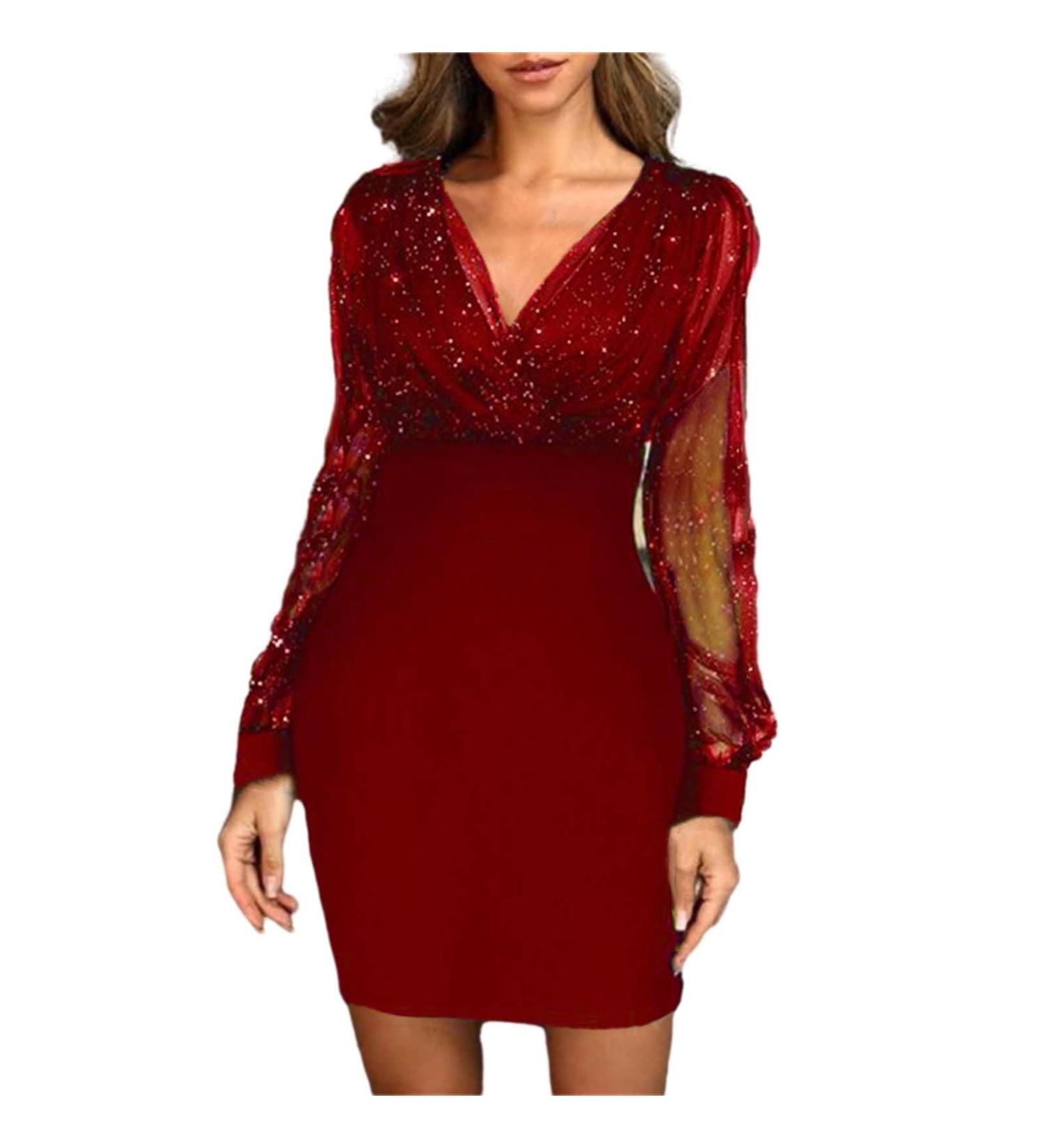 Shop Hanxiulin Womens Evening Dress - Festive Long Sleeve Mini Dress with Sequins for Christmas - Red Etuik Dress for Ladies - Buy Online on GoSupps.com