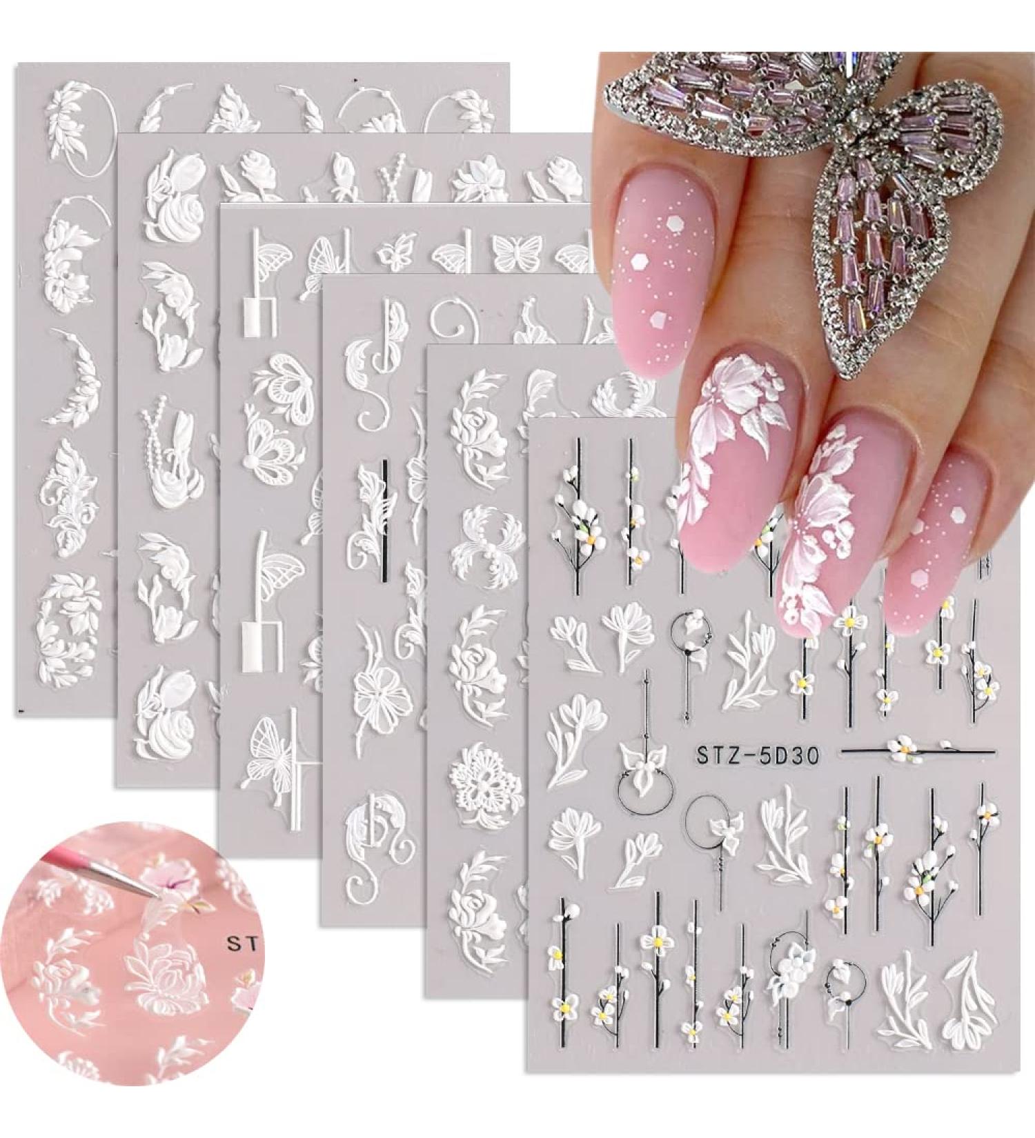 5D Embossed Nail Art Stickers: Engraved Flowers, Butterflies, French Tip Designs - 6 Sheets Summer Decals for Acrylic Nails - Buy Online on GoSupps.com