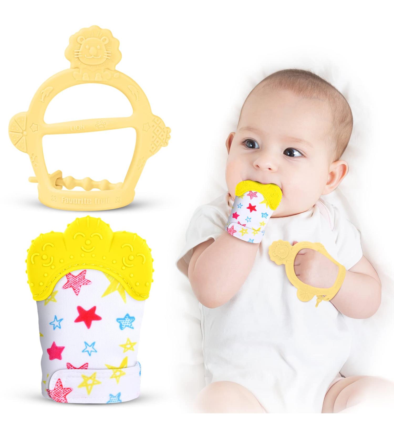Vicloon Baby Bite Gloves with BPA Free Bite Ring Toy - Soft Gum Soothe for 0-6 Months - Yellow Baby Gloves & Bass Ring - Buy Online on GoSupps.com