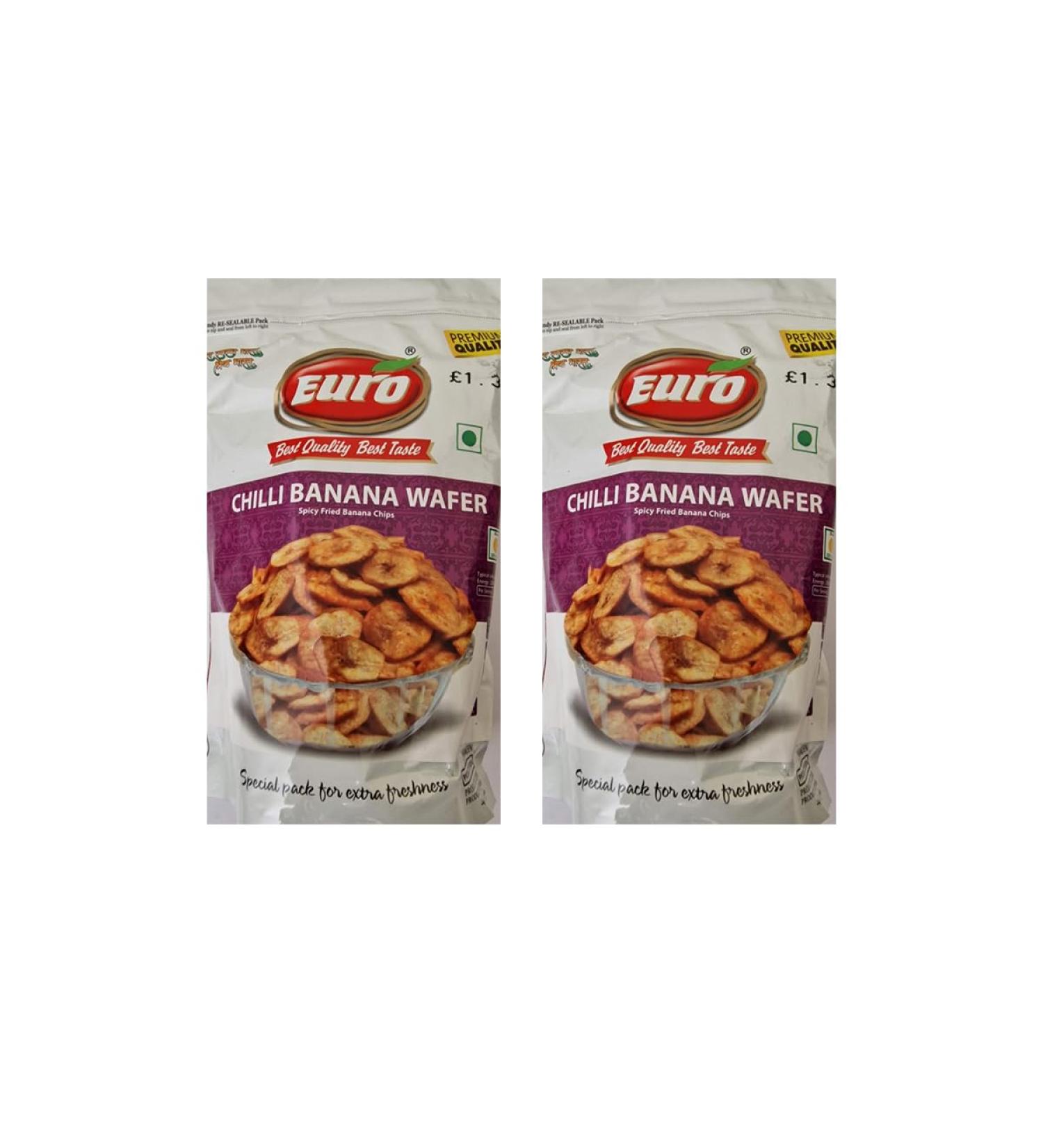 Euro Banana Wafers Chilli 125g - Mouth Watering Deep Fried Authentic Namkeen Savoury Snack (Pack of 2)