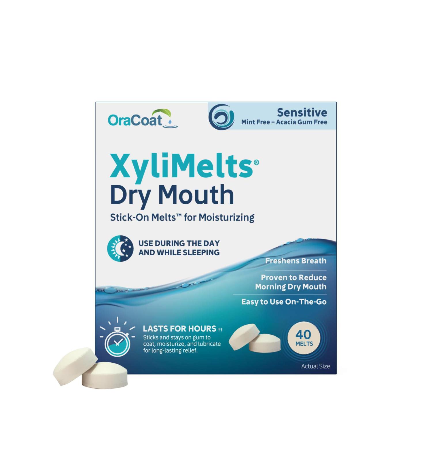 OraCoat XyliMelts Dry Mouth Relief Stick-On-Melts for Sensitive Mouths Mint-Free and Acacia Gum-Free with Xylitol 40 Count Non-Acidic Day & Night User Long Lasting 8-Hour Moisturizing Relief - Buy Online on GoSupps.com