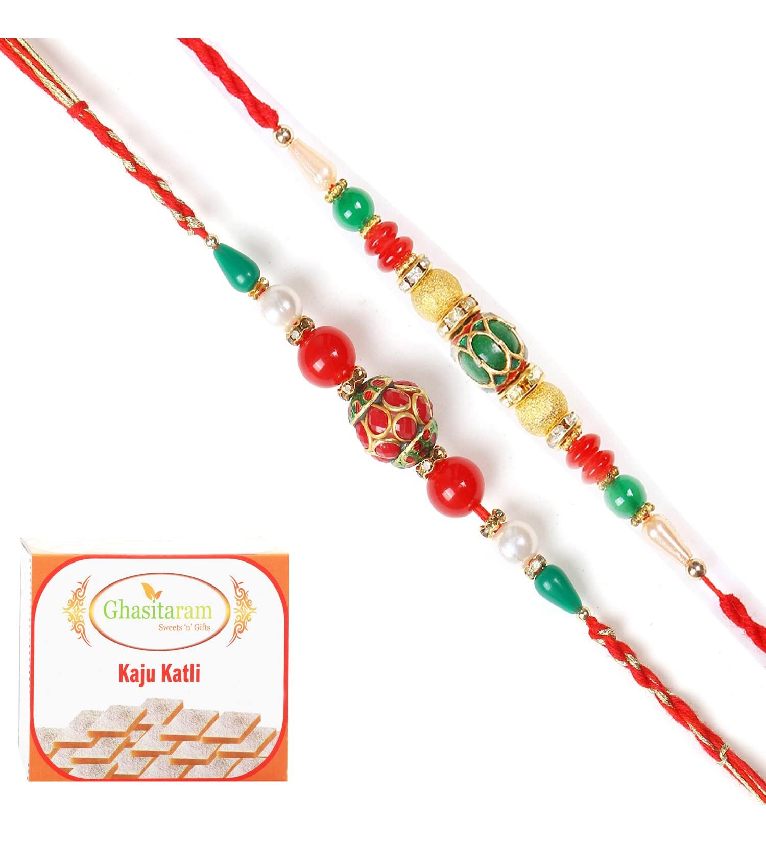 Ghasitaram Gifts Rakhi for Brother Rakhis Online - Set of 2 268 270 Fancy Rakhis with 200 GMS of Kaju katli - Buy Online on GoSupps.com