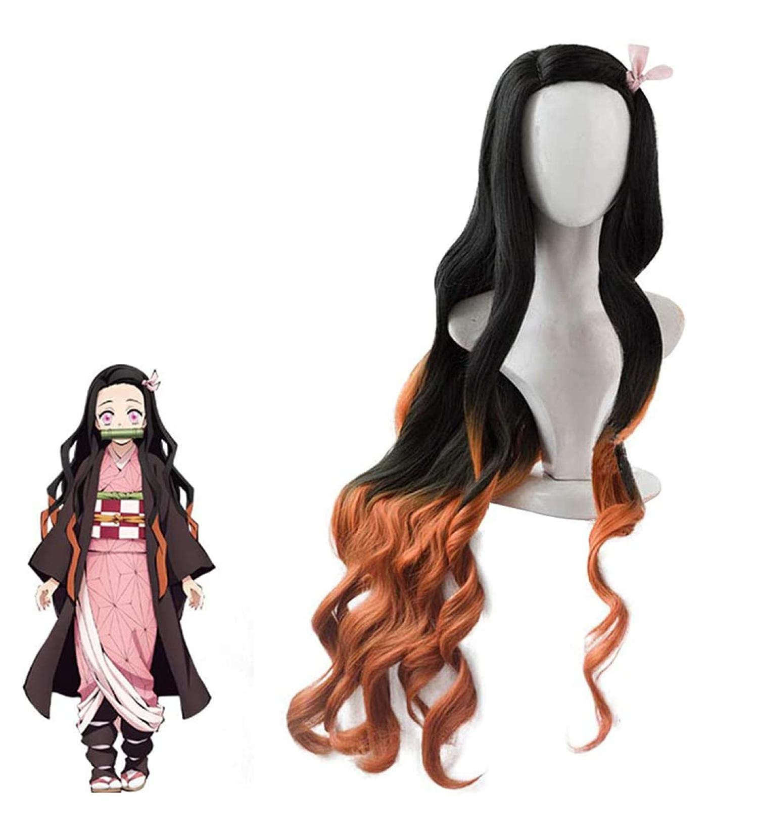 Nezuko Demon Slayer Cosplay Wig with Accessories - Long Curly Black Orange Gradient Kids Wig for Halloween Props - Buy Online on GoSupps.com