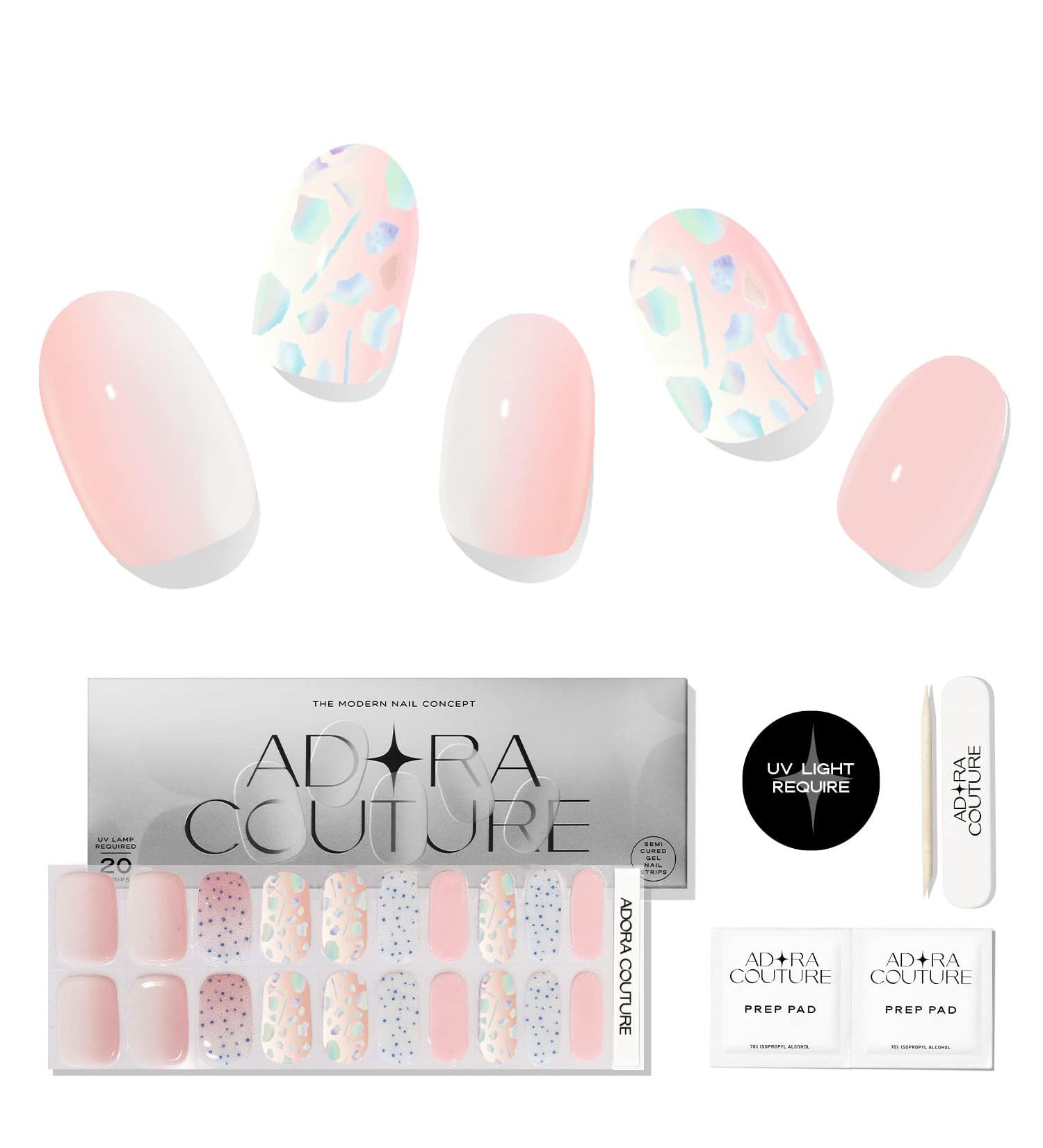 Adora Couture Semi Cured Gel Nail Strips - Pink & White Sparkle Manicure | Press On Nails for Women - Home Salon Kit (Sweetie Pie) - Buy Online on GoSupps.com