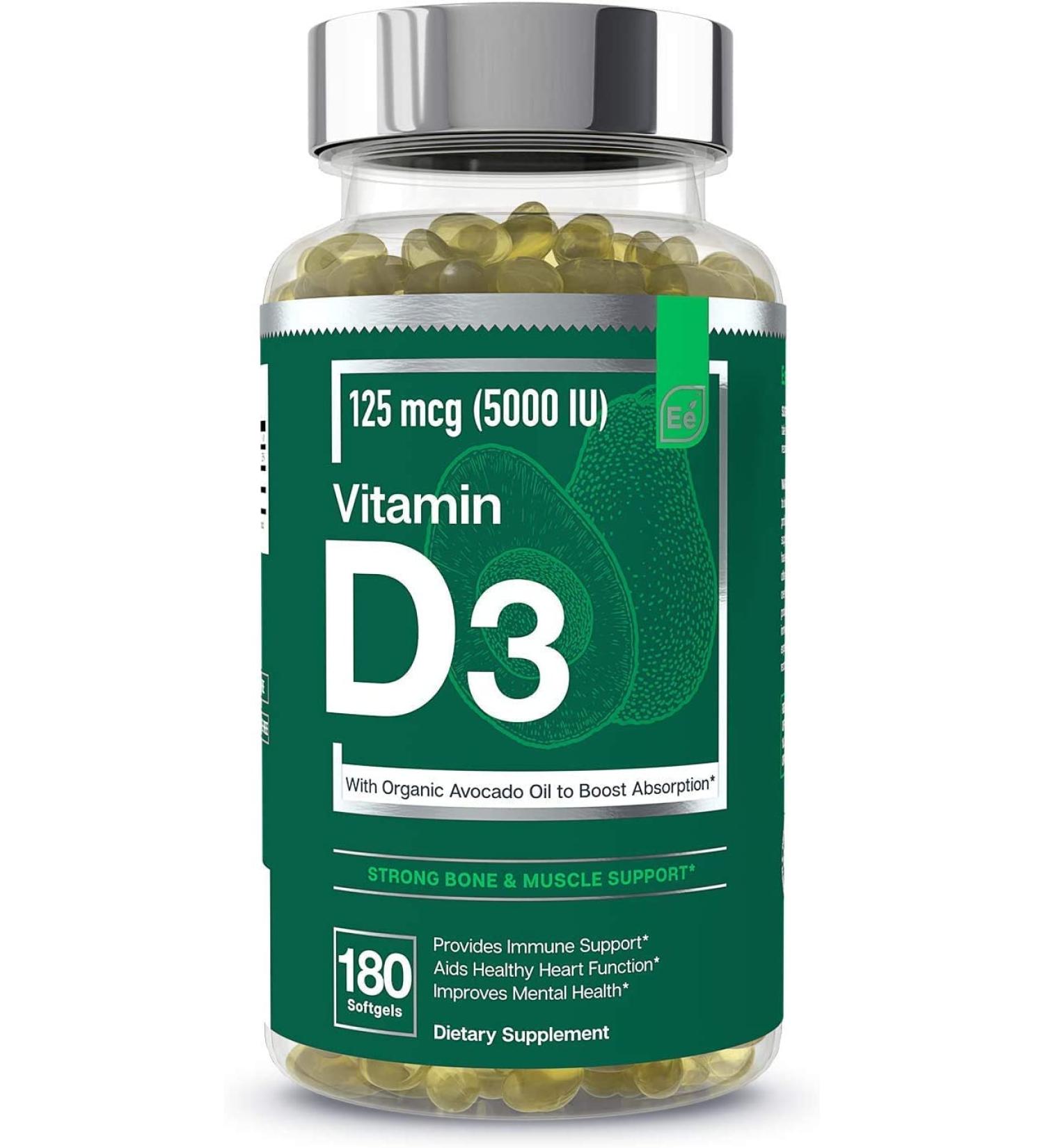 Vitamin D3 5000 IU Softgels with Organic Avocado Oil - 180 Count - Bone, Muscle & Immune Support - Buy Online on GoSupps.com