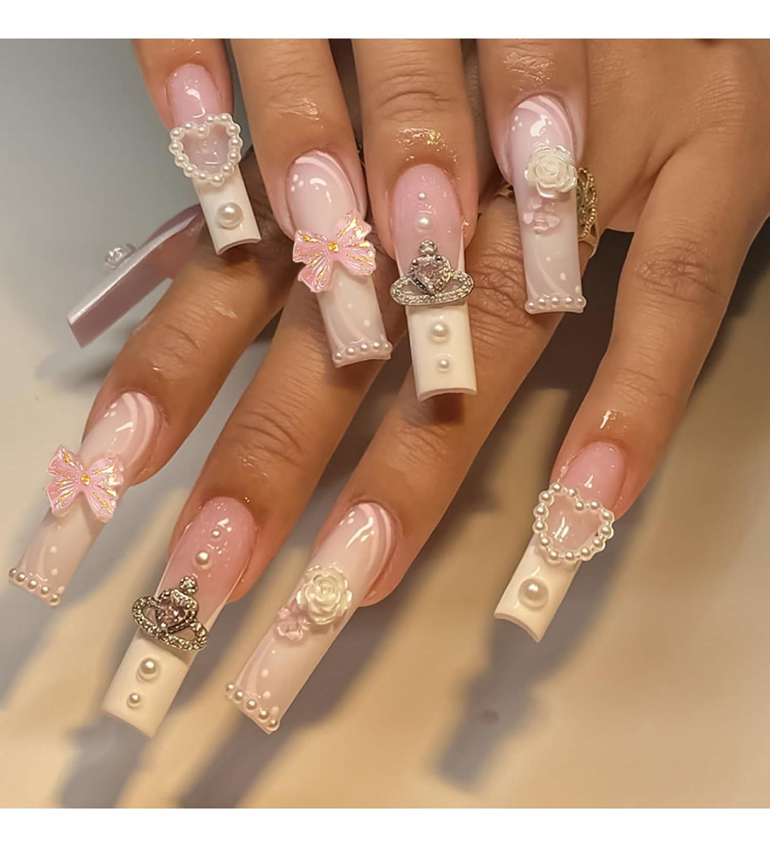 Shop Stylish French Tip Press On Nails - Summer Pink Coffin Design with Heart-Shaped Pearls & Rhinestones | 24 Pcs Glossy Acrylic Nails for Women & Girls - Buy Online on GoSupps.com