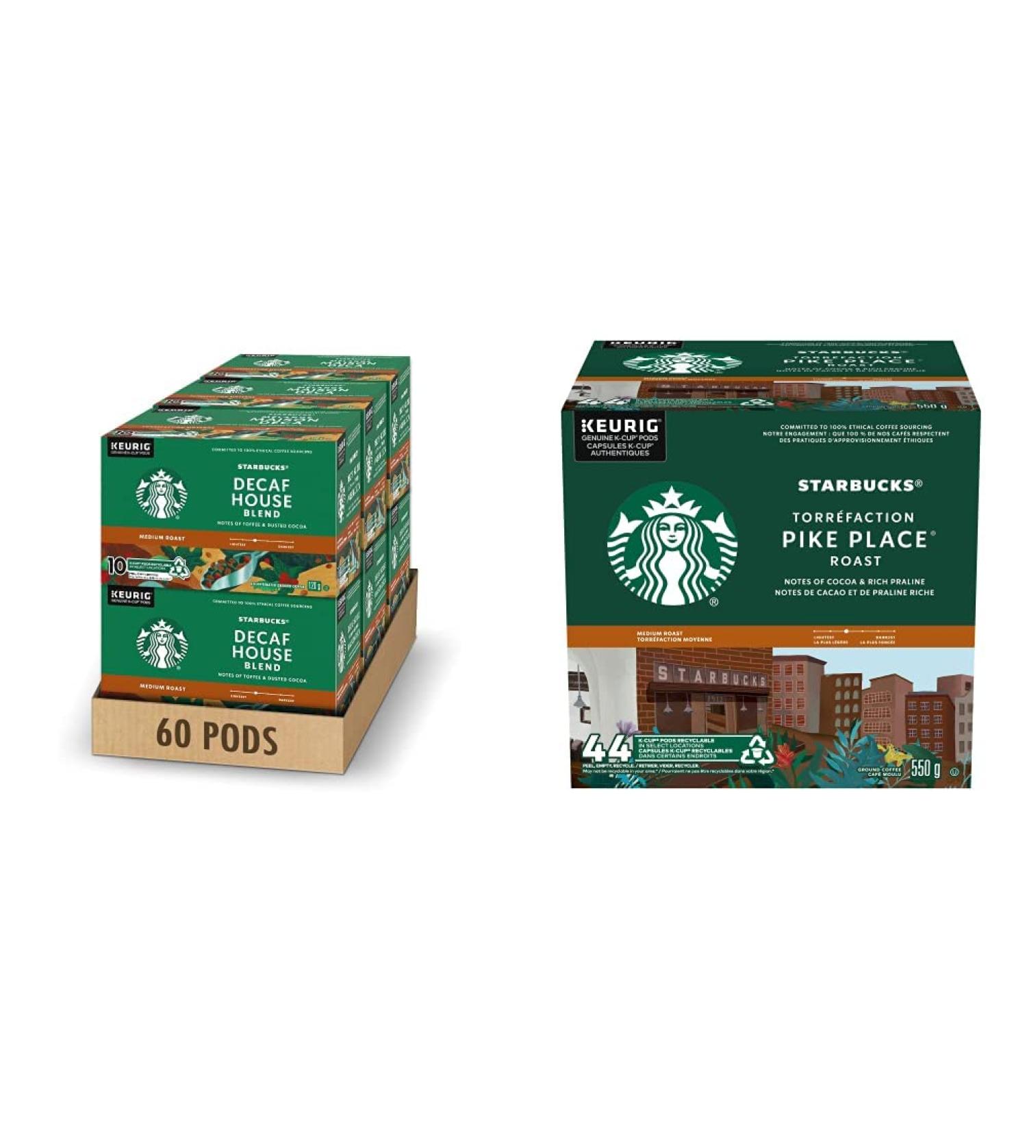 Starbucks House Blend Decaf K-Cups Single Serve Keurig Compatible Coffee Pods For Keurig Brewers - 60 Capsules & Pike Place Medium Roast Coffee Single Serve Keurig K-Cup Pods 44 Capsules