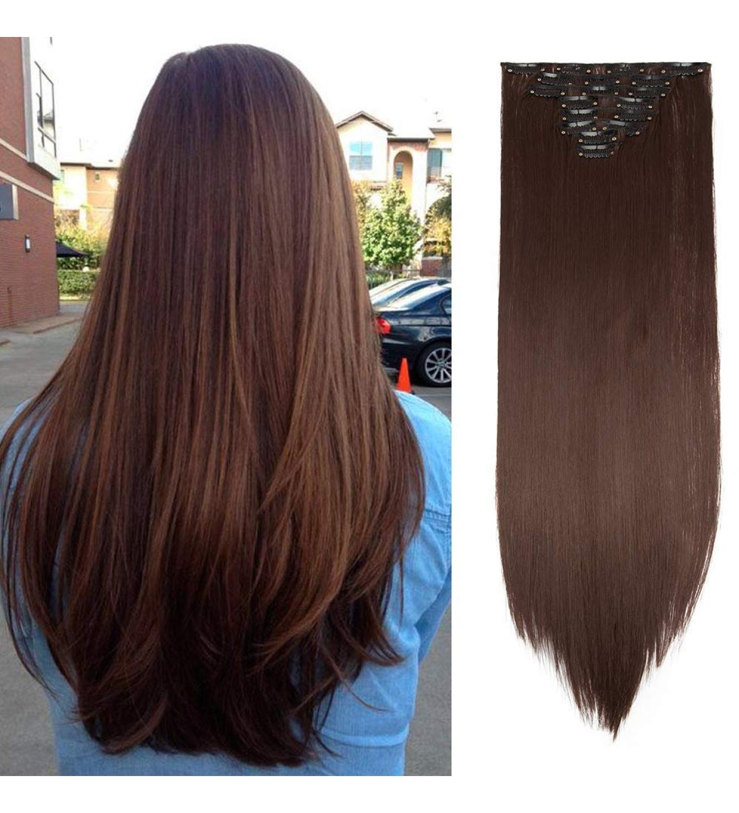 Silk-co 23 Inch Light Brown Clip in Hair Extensions - 8PCS Long Straight Synthetic Hair Pieces for Full Head - Buy Online on GoSupps.com