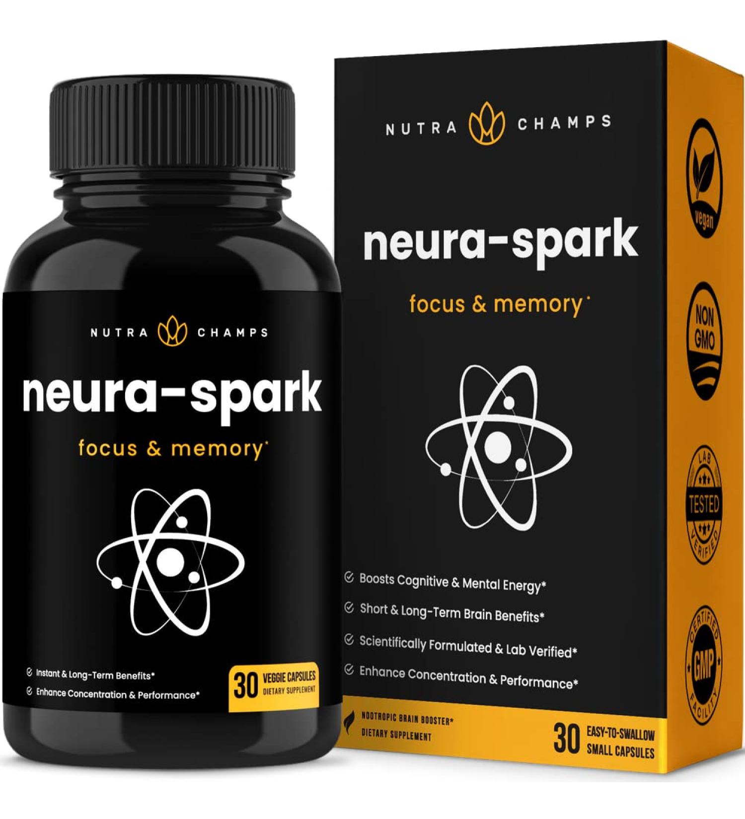 NeuraSpark Premium Brain Supplement - Nootropic Booster for Focus, Memory & Energy - Ginkgo Biloba, St John's Wort, DMAE, Rhodiola - 30 Capsules - Buy Online on GoSupps.com