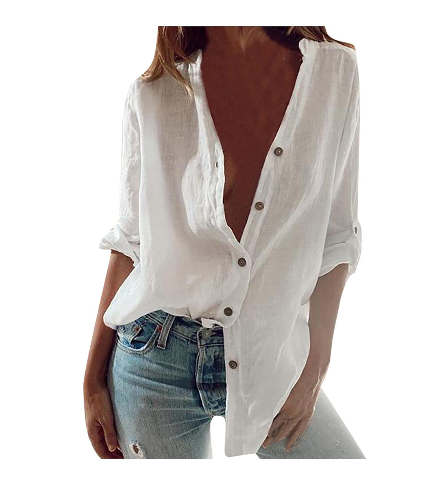Women Button Down Shirts Comfy Drop Shoulder Oversized Shirts Blouses Tops Long Sleeve Plaid Dress Shirts with Pocket 1923-vvmdx-white-b XXL - Buy Online on GoSupps.com