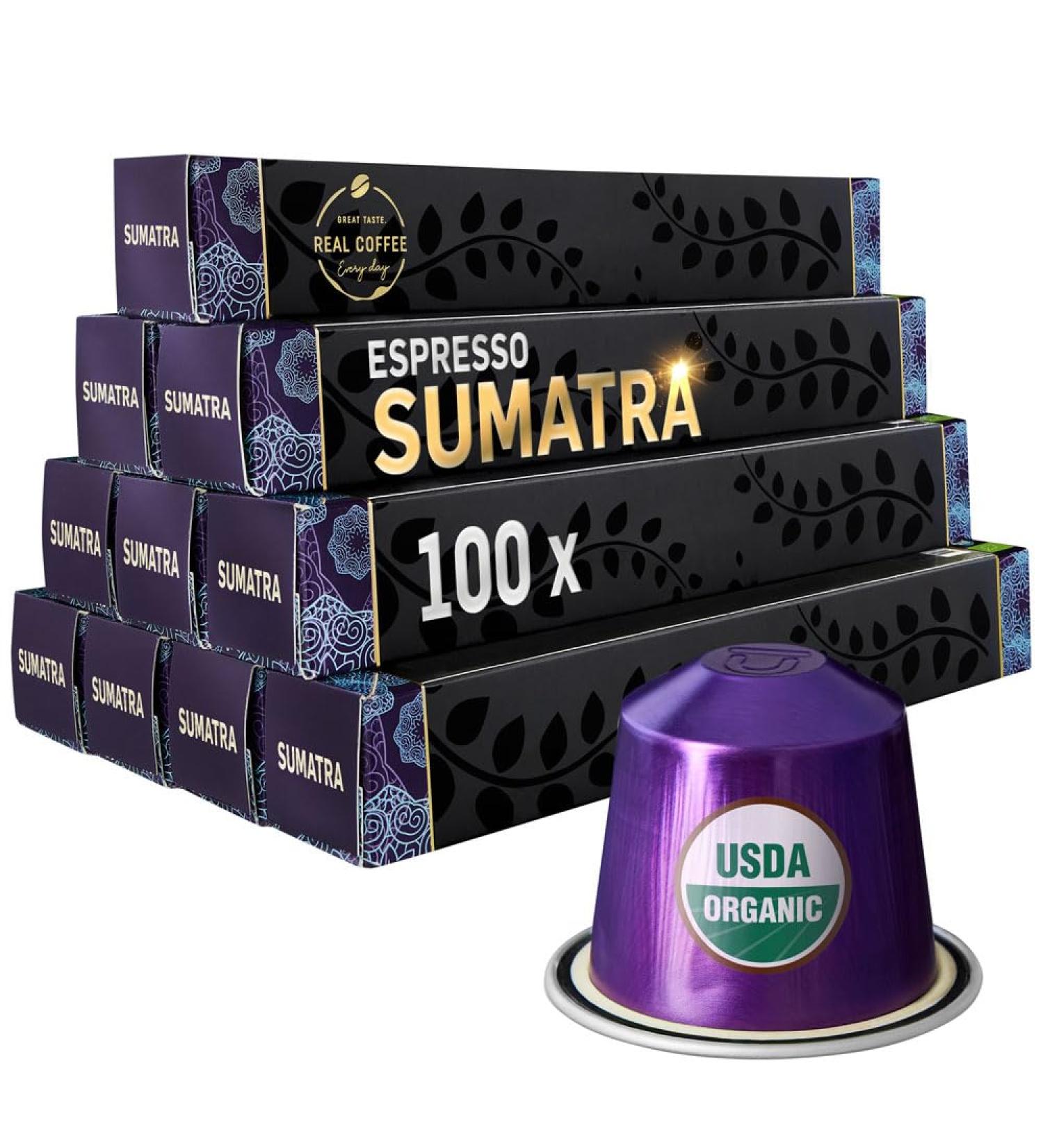 Organic Sumatra Dark Roast Espresso Coffee Pods - 100 Count Compatible with Nespresso Machines - Buy Online on GoSupps.com