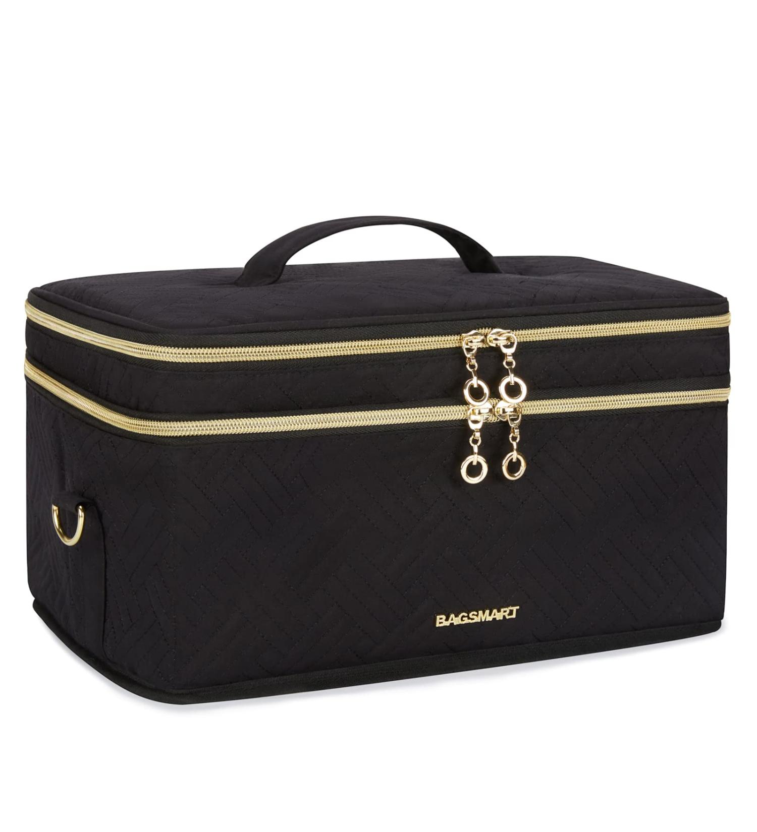 Large Makeup Bag - BAGSMART Double Layer Cosmetic Travel Case with Shoulder Strap in Black - Buy Online on GoSupps.com