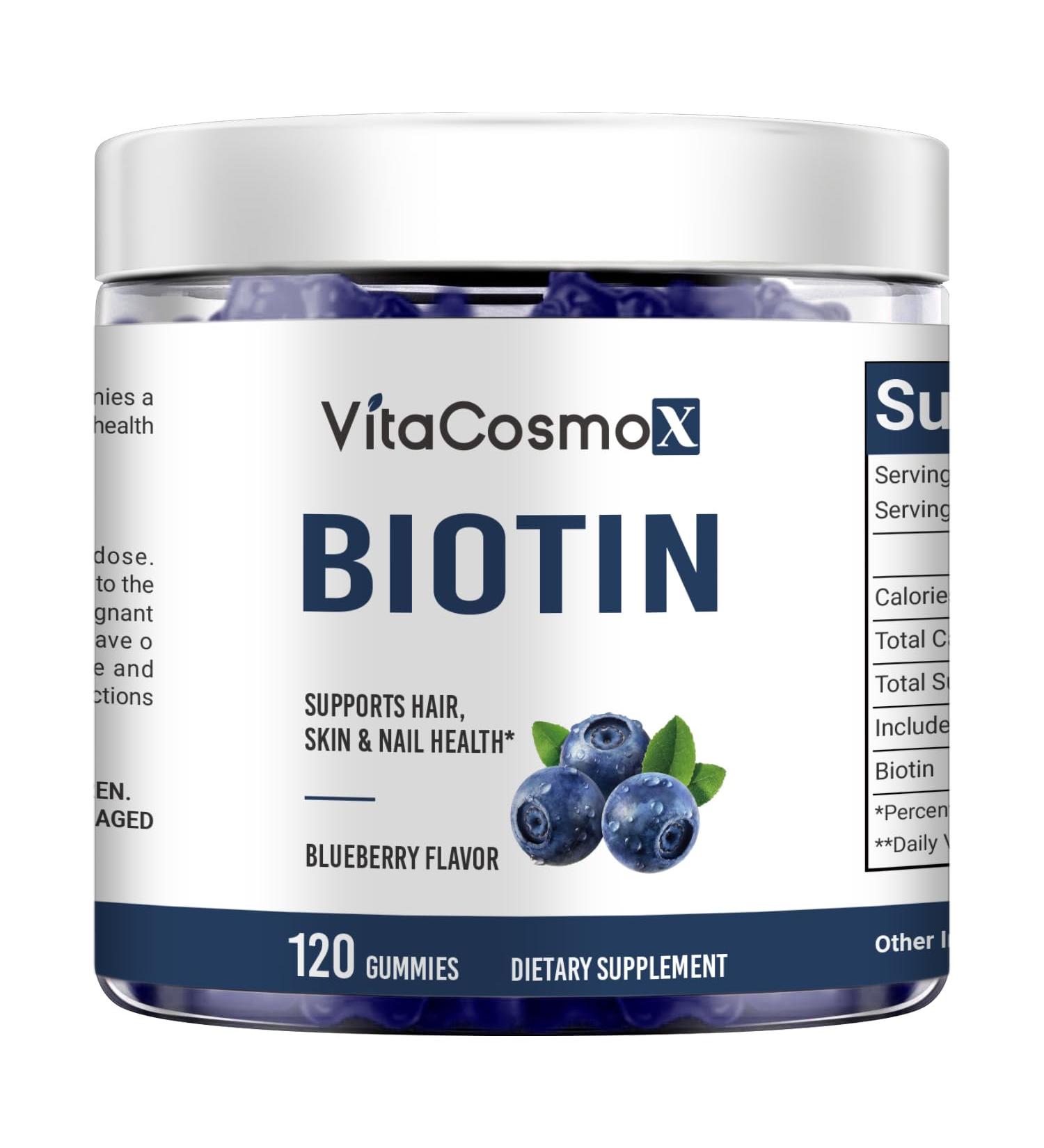 VitaCosmoX Biotin Gummies 5000mcg 120 Count Vegan Capsules Natural Blueberry Flavor Hair Skin & Nails Support Vegetarian Friendly Non-GMO Gluten Free - Buy Online on GoSupps.com