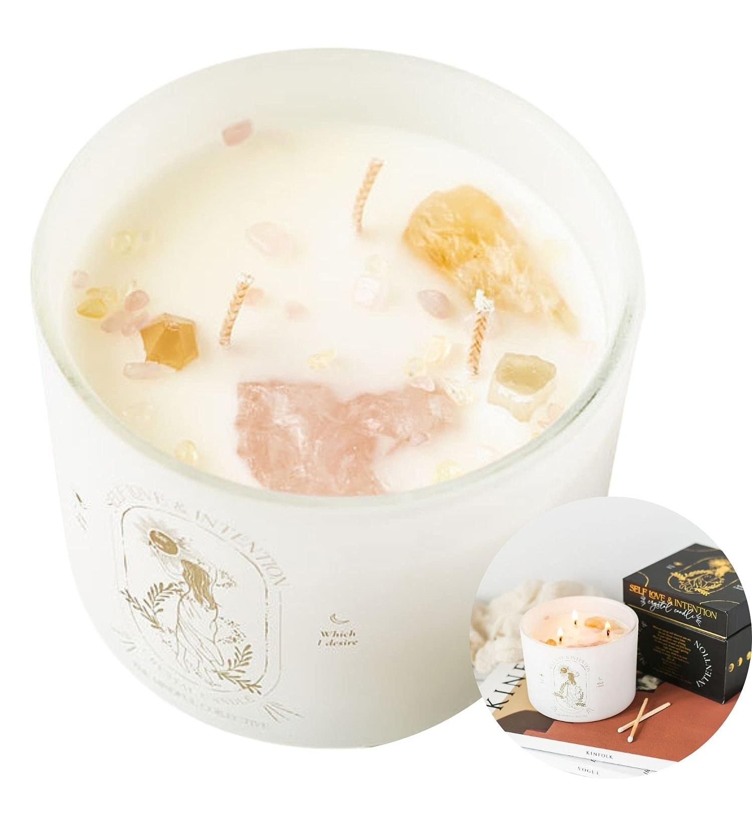 12oz Healing Crystal Candle with Energy Crystals | Manifestation & Meditation Candle for Self Love | Three Wick Aromatherapy Candle - Buy Online on GoSupps.com