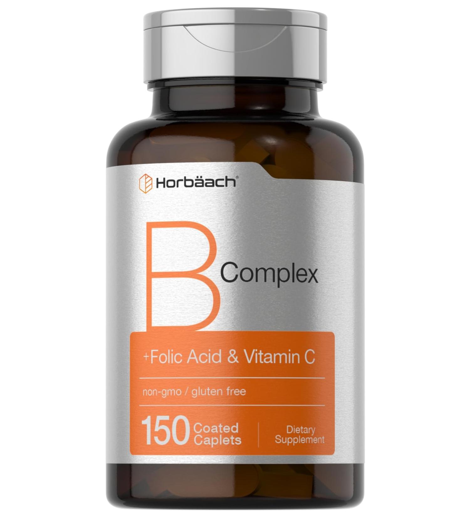 Horbaach B Complex Vitamins for Women and Men | 150 Caplets | with Folic Acid & Vitamin C | Non-GMO & Gluten Free Supplement - Buy Online on GoSupps.com