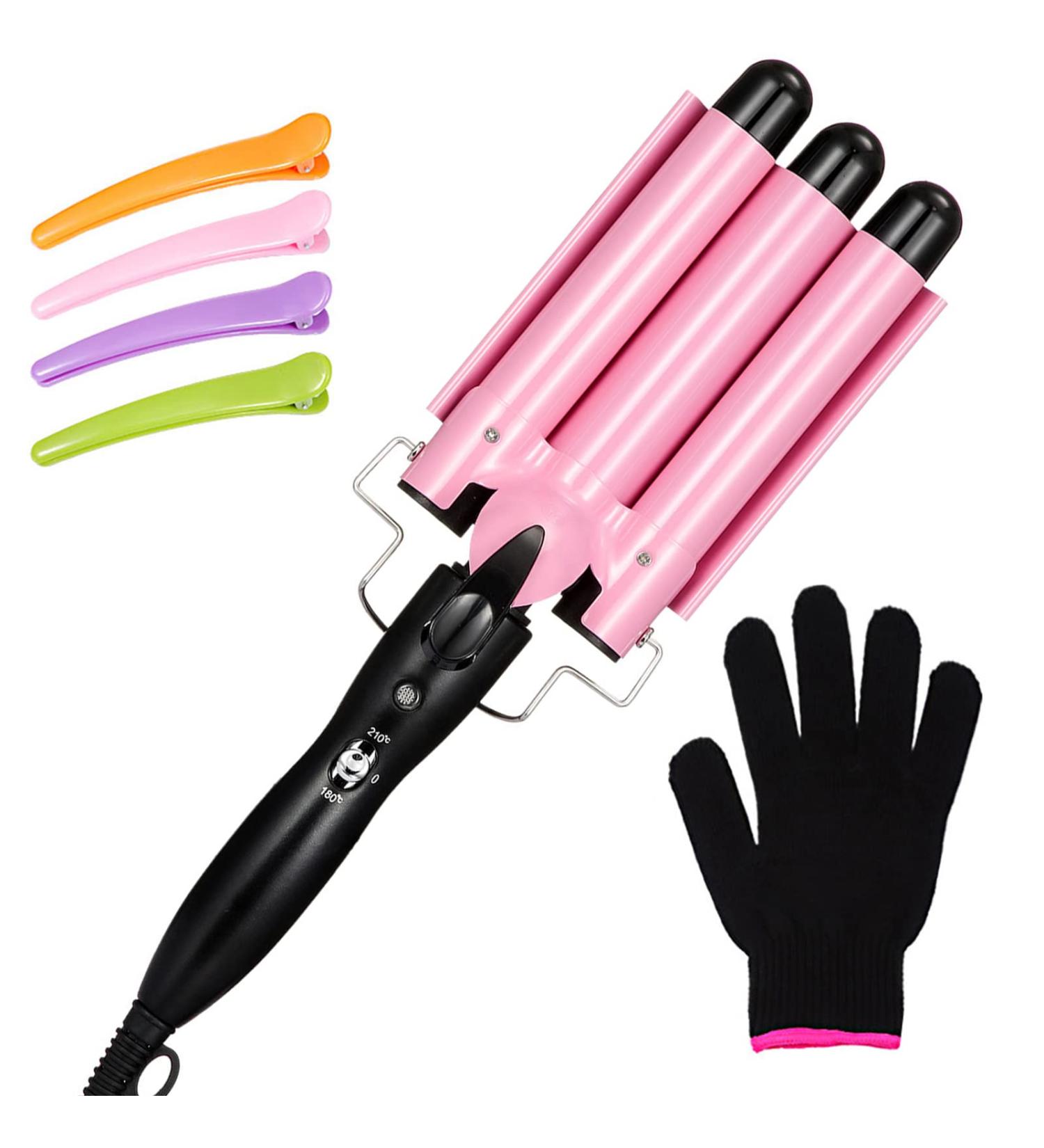 3 Barrel Curling Iron Wand Hair Waver with Hair Clips and Glove - Pink - Buy Online on GoSupps.com