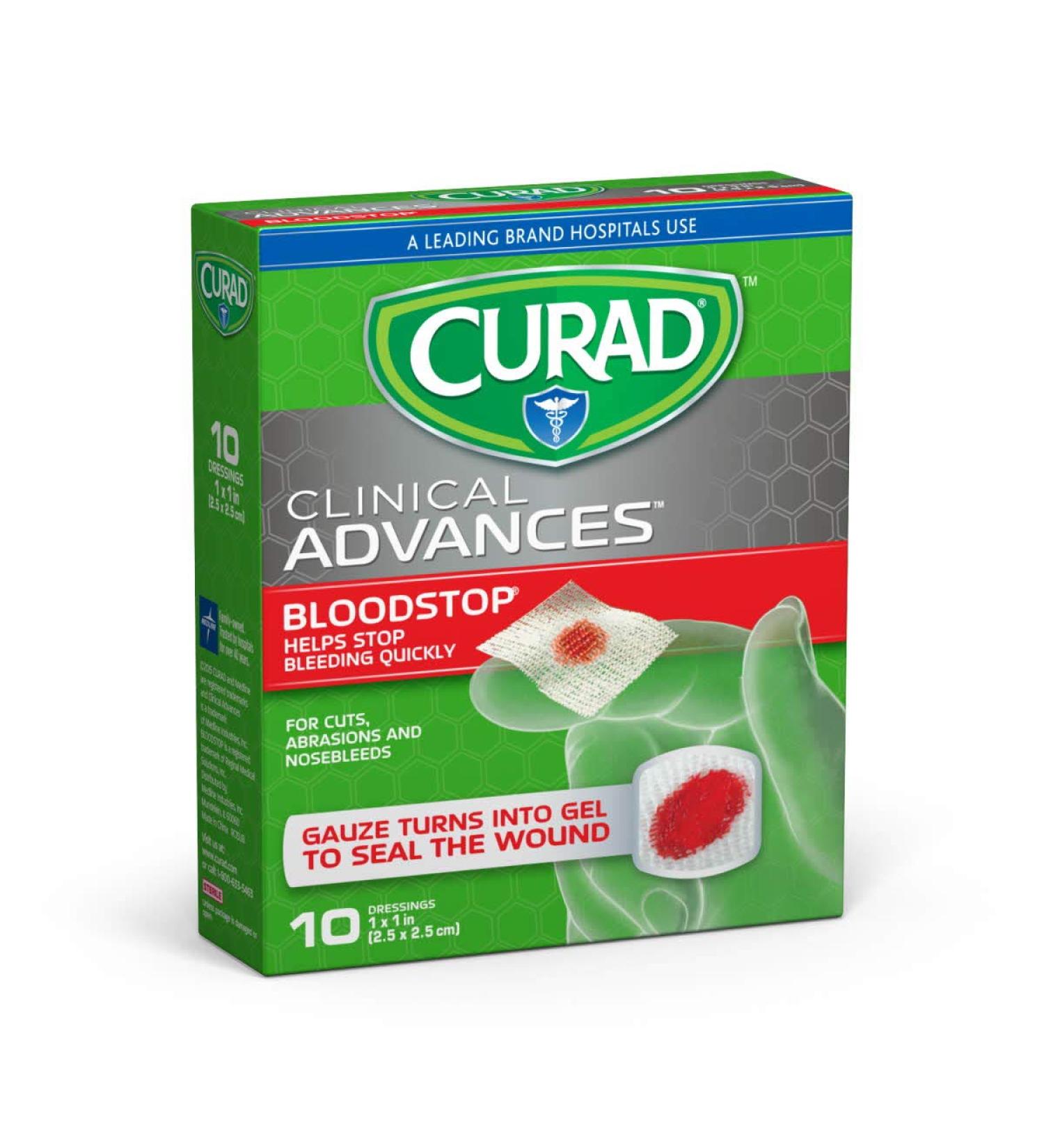 Curad Bloodstop Hemostatic Gauze, Helps Stop Bleeding Quickly, 1" x 1", 10 Count